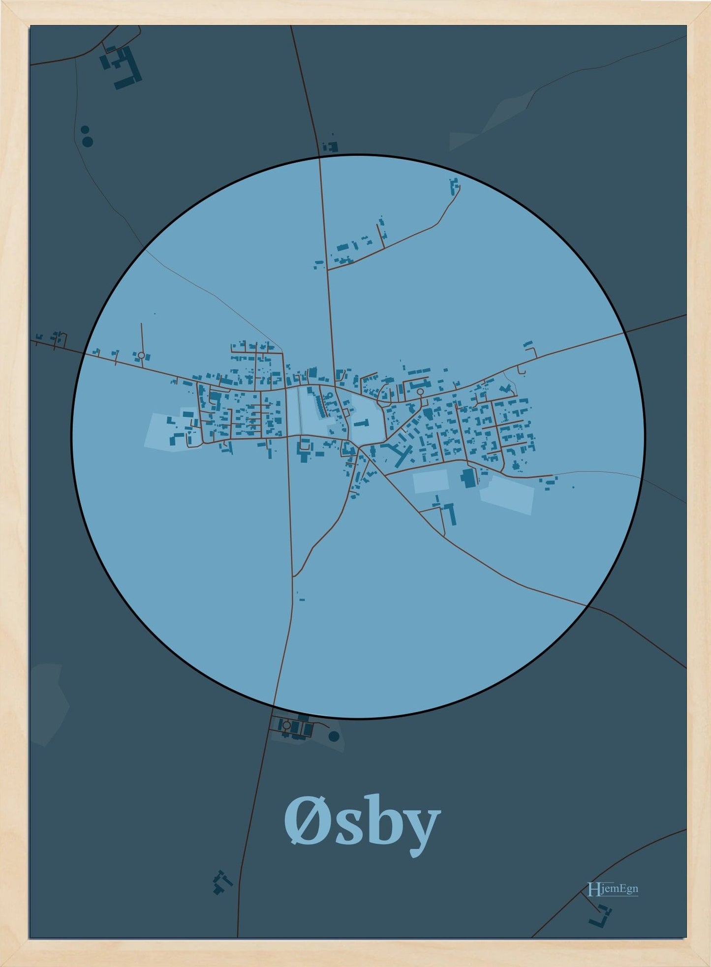 Øsby plakat i farve pastel blå og HjemEgn.dk design centrum. Design bykort for Øsby