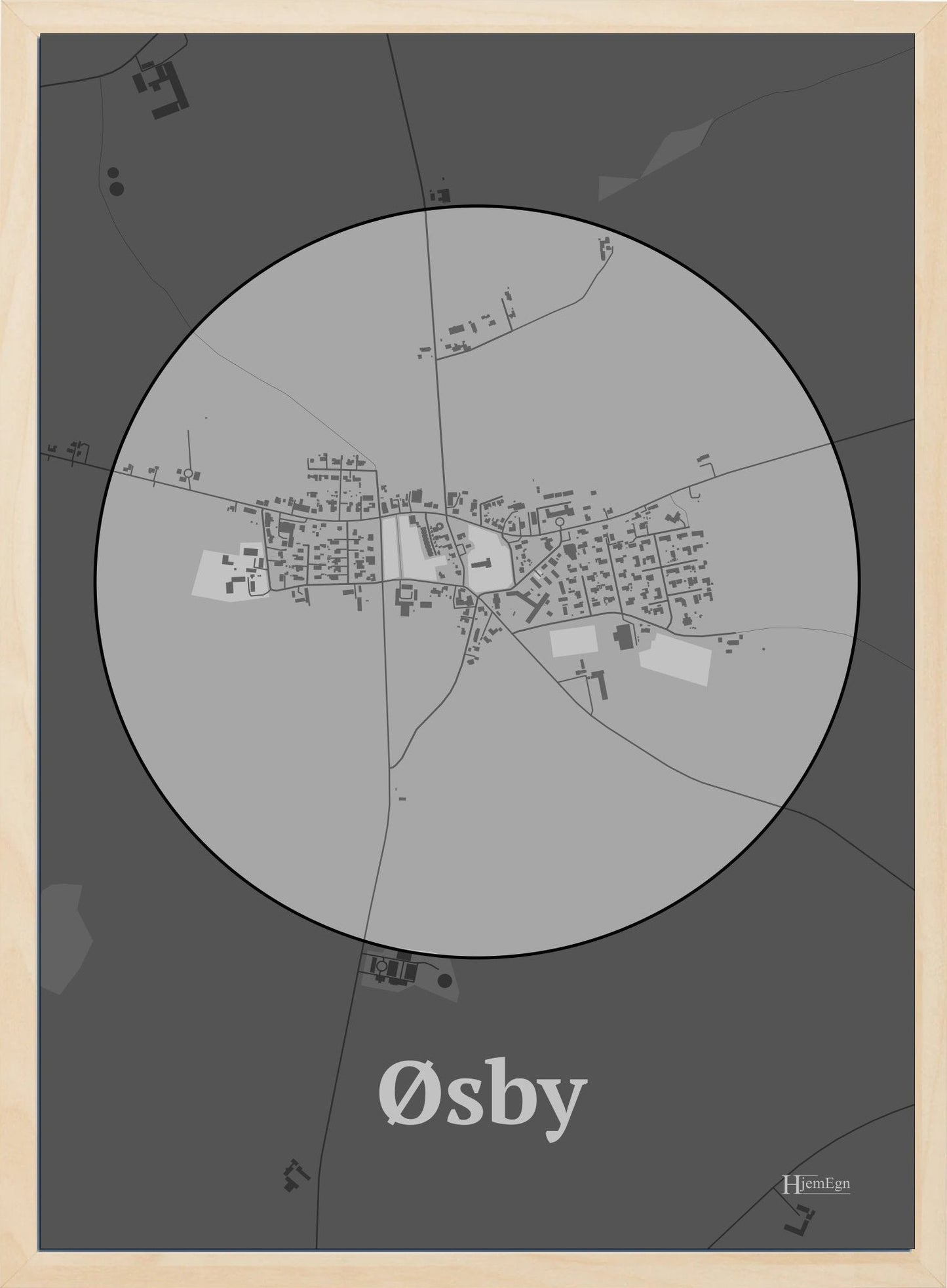 Øsby plakat i farve pastel grå og HjemEgn.dk design centrum. Design bykort for Øsby
