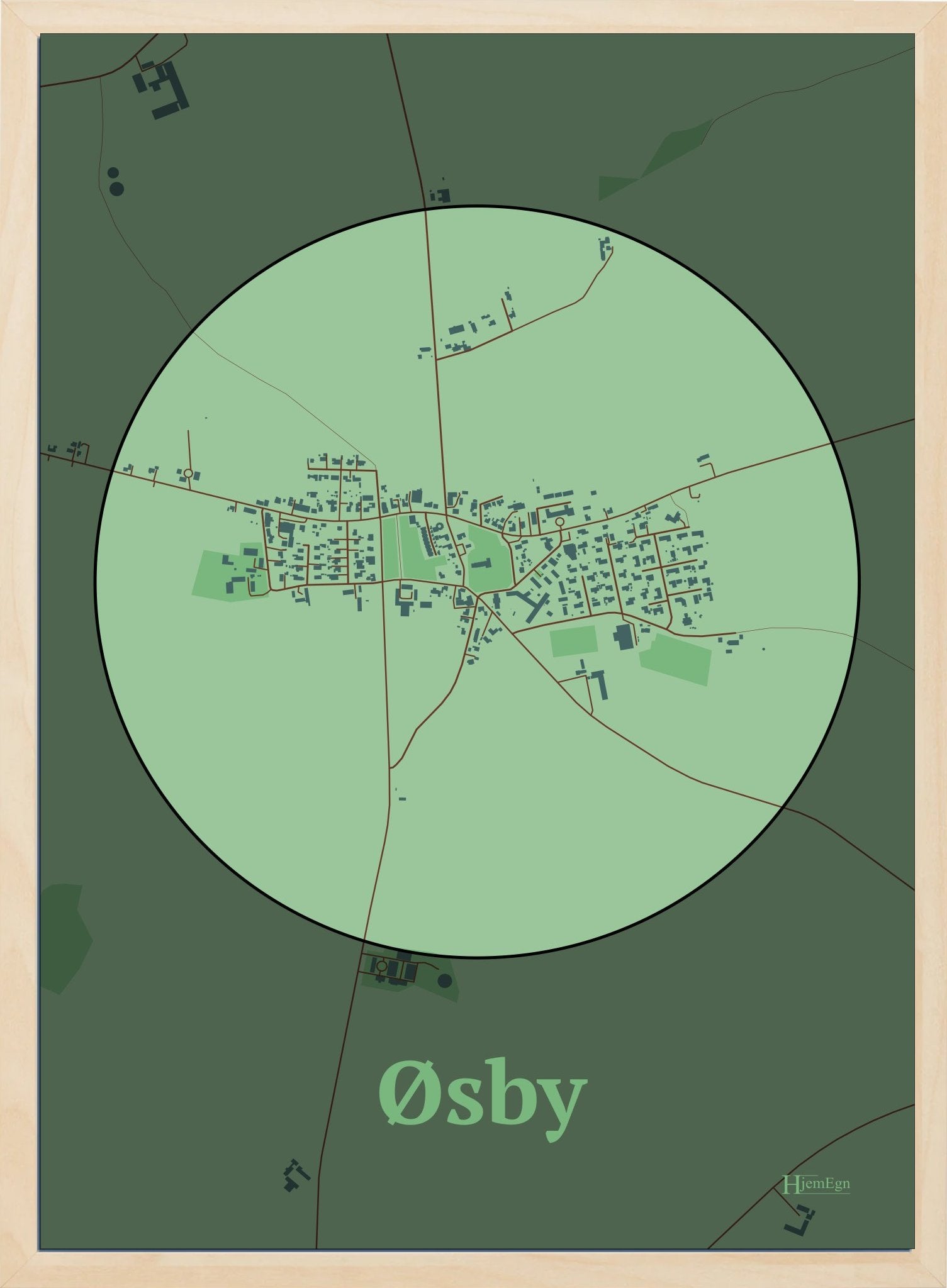 Øsby plakat i farve pastel grøn og HjemEgn.dk design centrum. Design bykort for Øsby