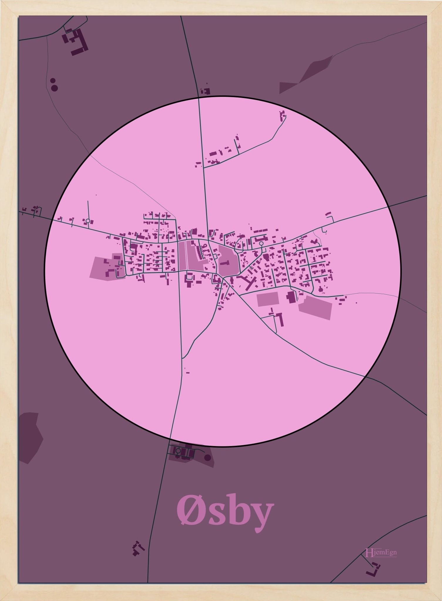 Øsby plakat i farve pastel rød og HjemEgn.dk design centrum. Design bykort for Øsby