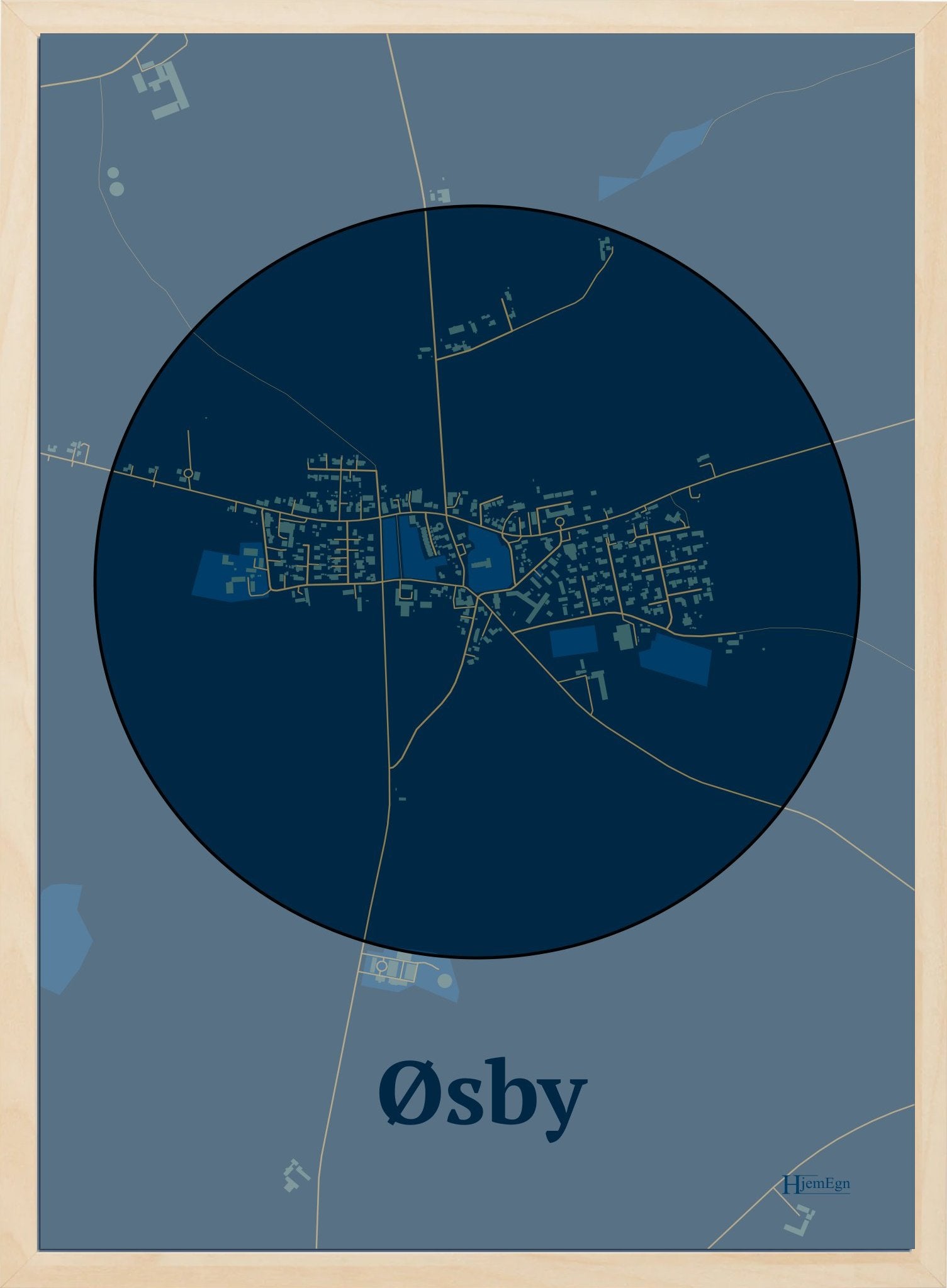 Øsby plakat i farve mørk blå og HjemEgn.dk design centrum. Design bykort for Øsby