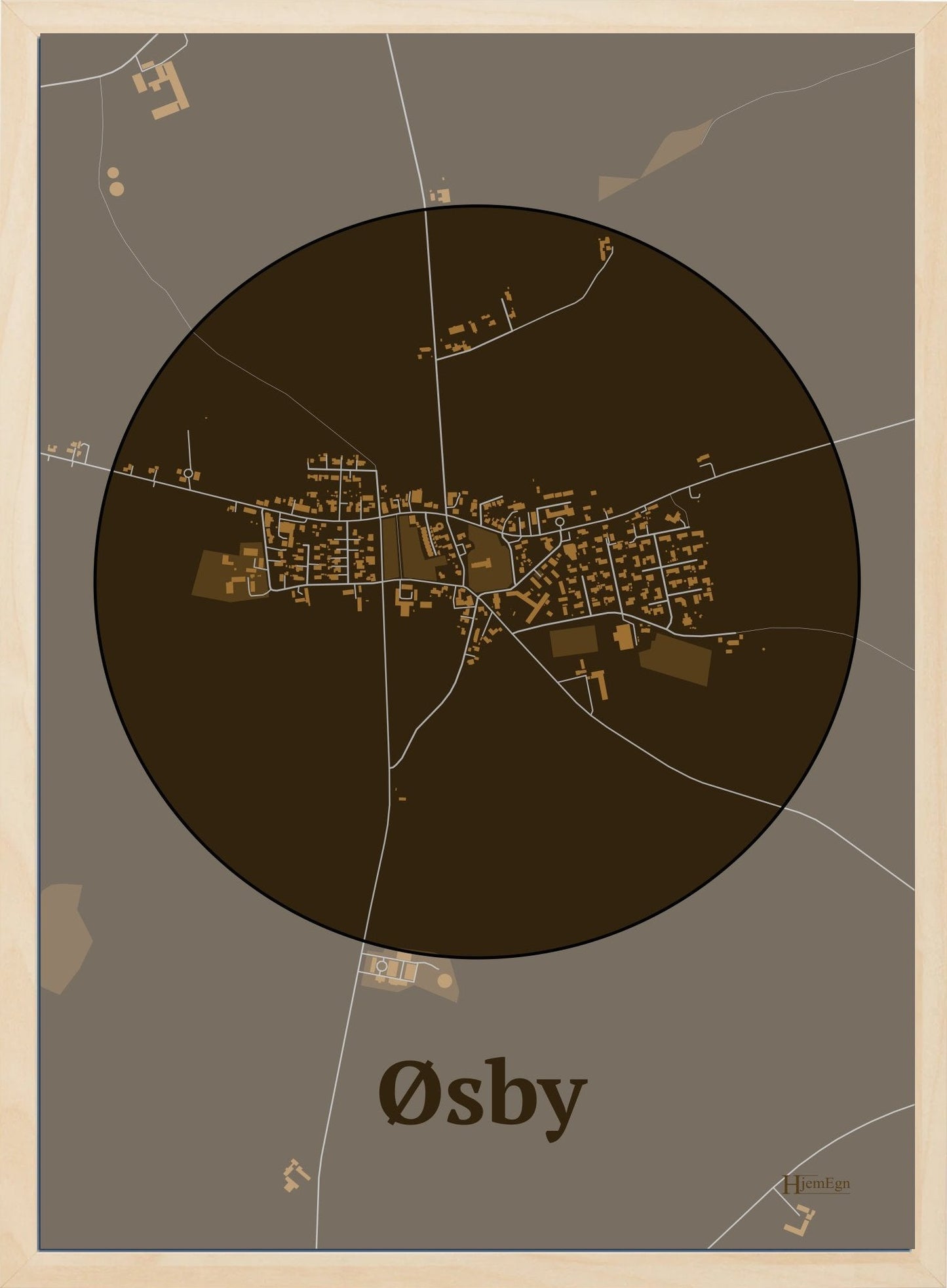 Øsby plakat i farve mørk brun og HjemEgn.dk design centrum. Design bykort for Øsby