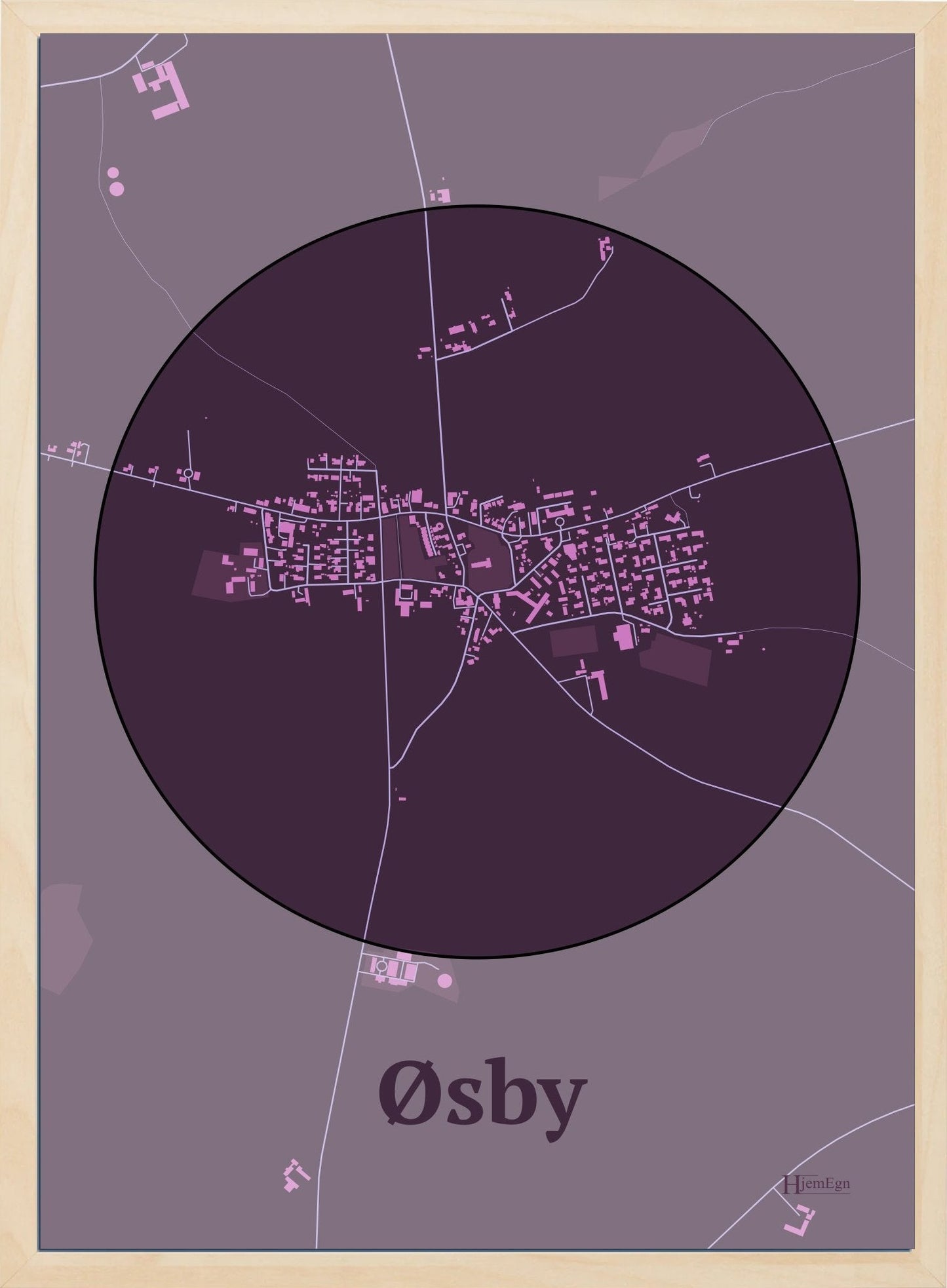Øsby plakat i farve mørk rød og HjemEgn.dk design centrum. Design bykort for Øsby