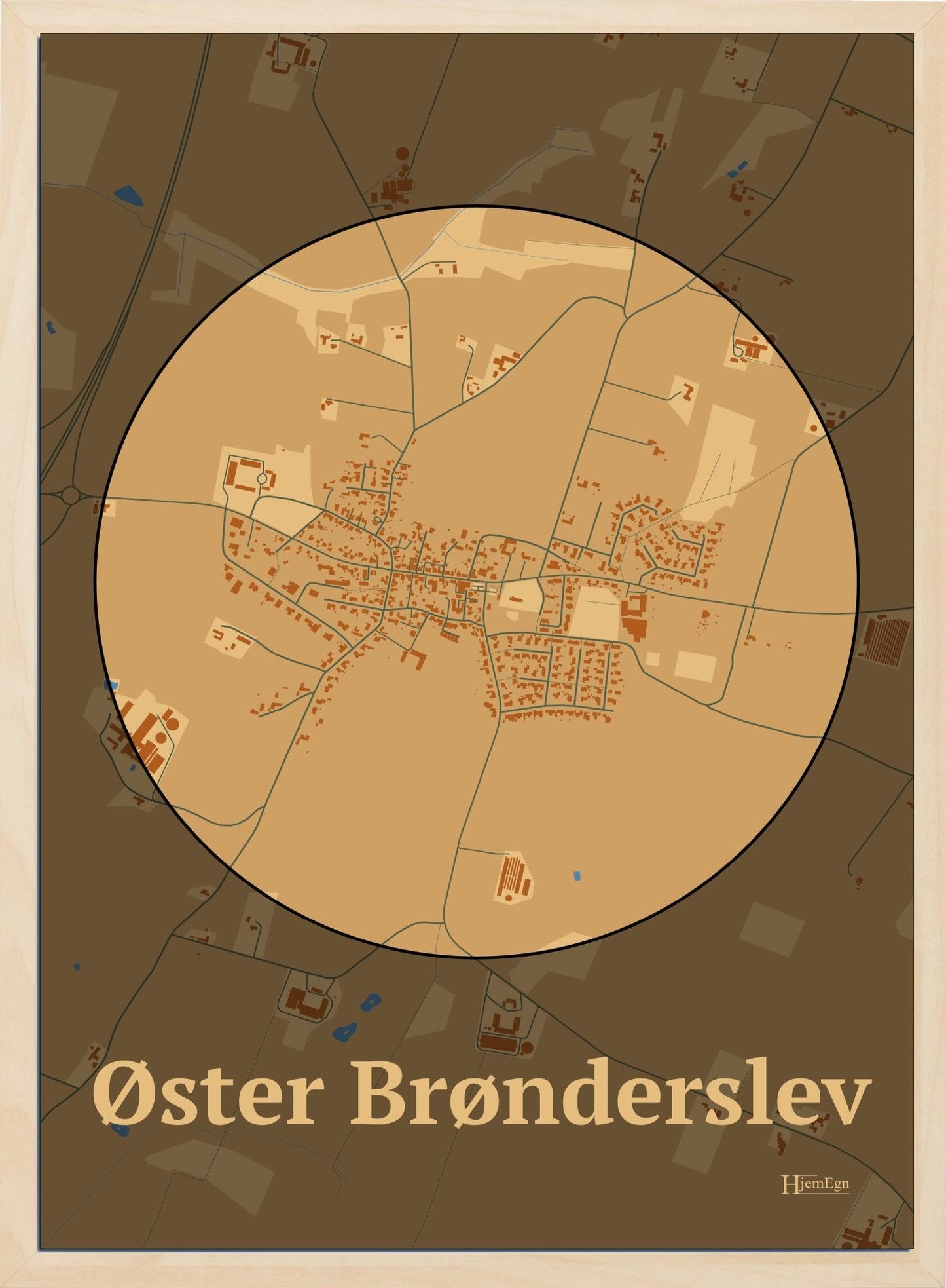 Øster Brønderslev plakat i farve pastel brun og HjemEgn.dk design centrum. Design bykort for Øster Brønderslev