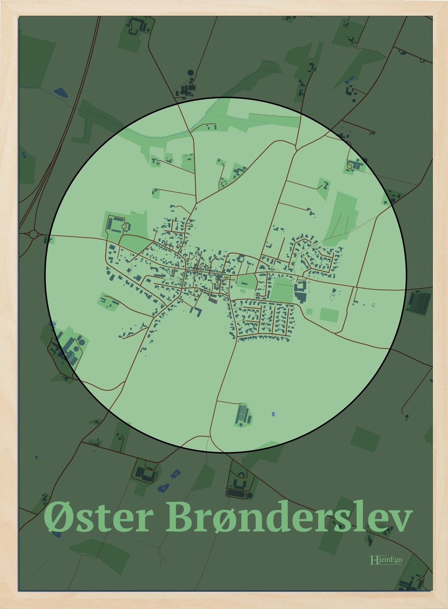 Øster Brønderslev plakat i farve pastel grøn og HjemEgn.dk design centrum. Design bykort for Øster Brønderslev