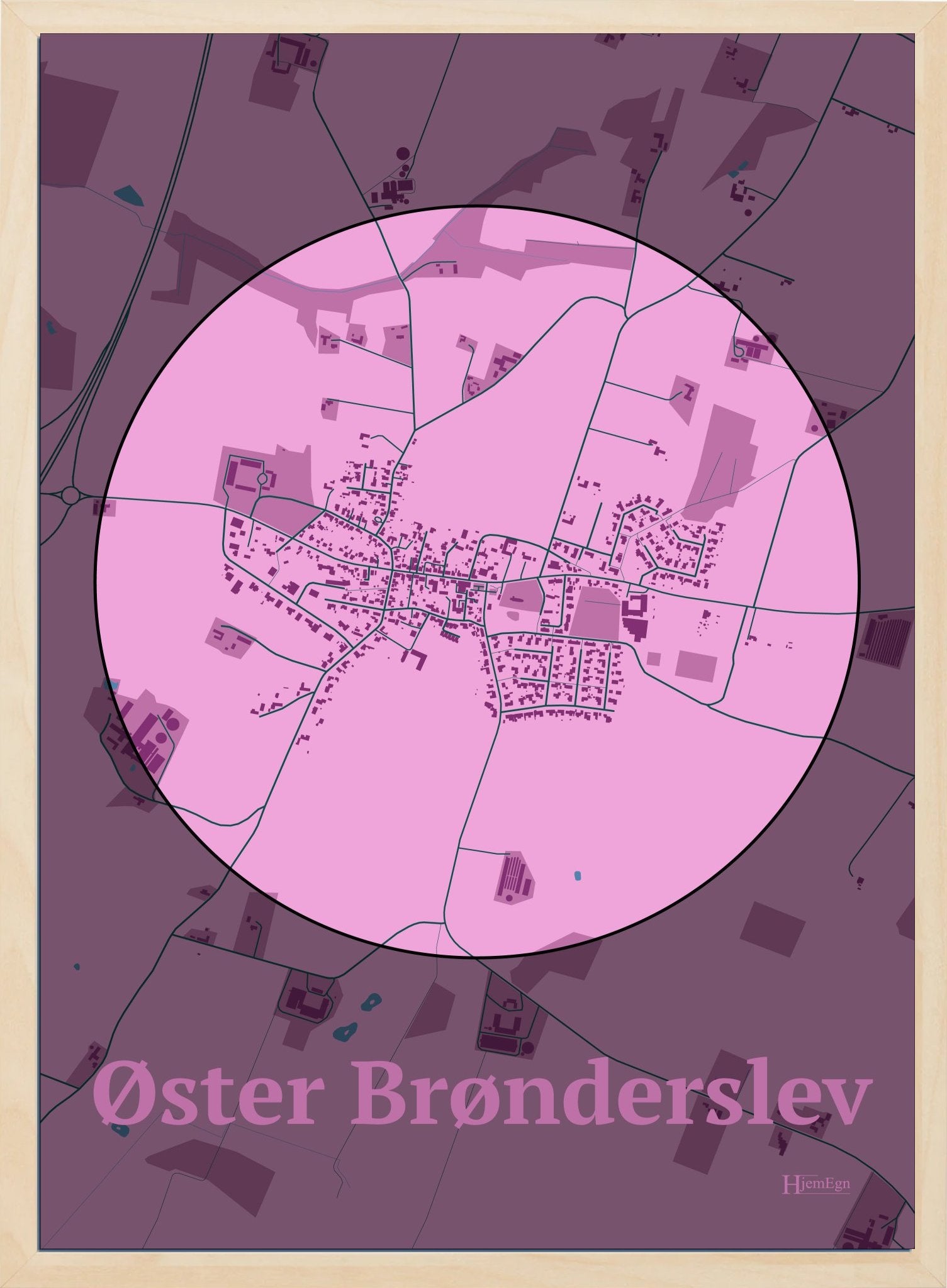 Øster Brønderslev plakat i farve pastel rød og HjemEgn.dk design centrum. Design bykort for Øster Brønderslev