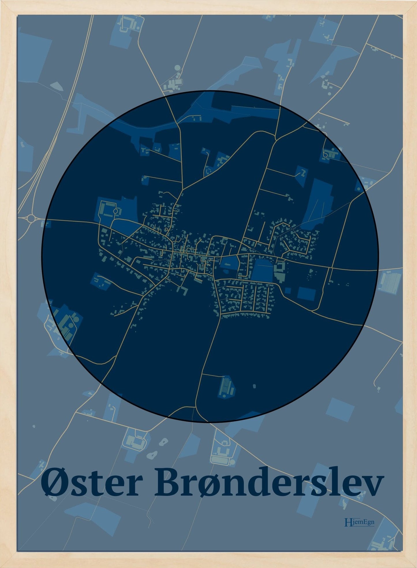 Øster Brønderslev plakat i farve mørk blå og HjemEgn.dk design centrum. Design bykort for Øster Brønderslev
