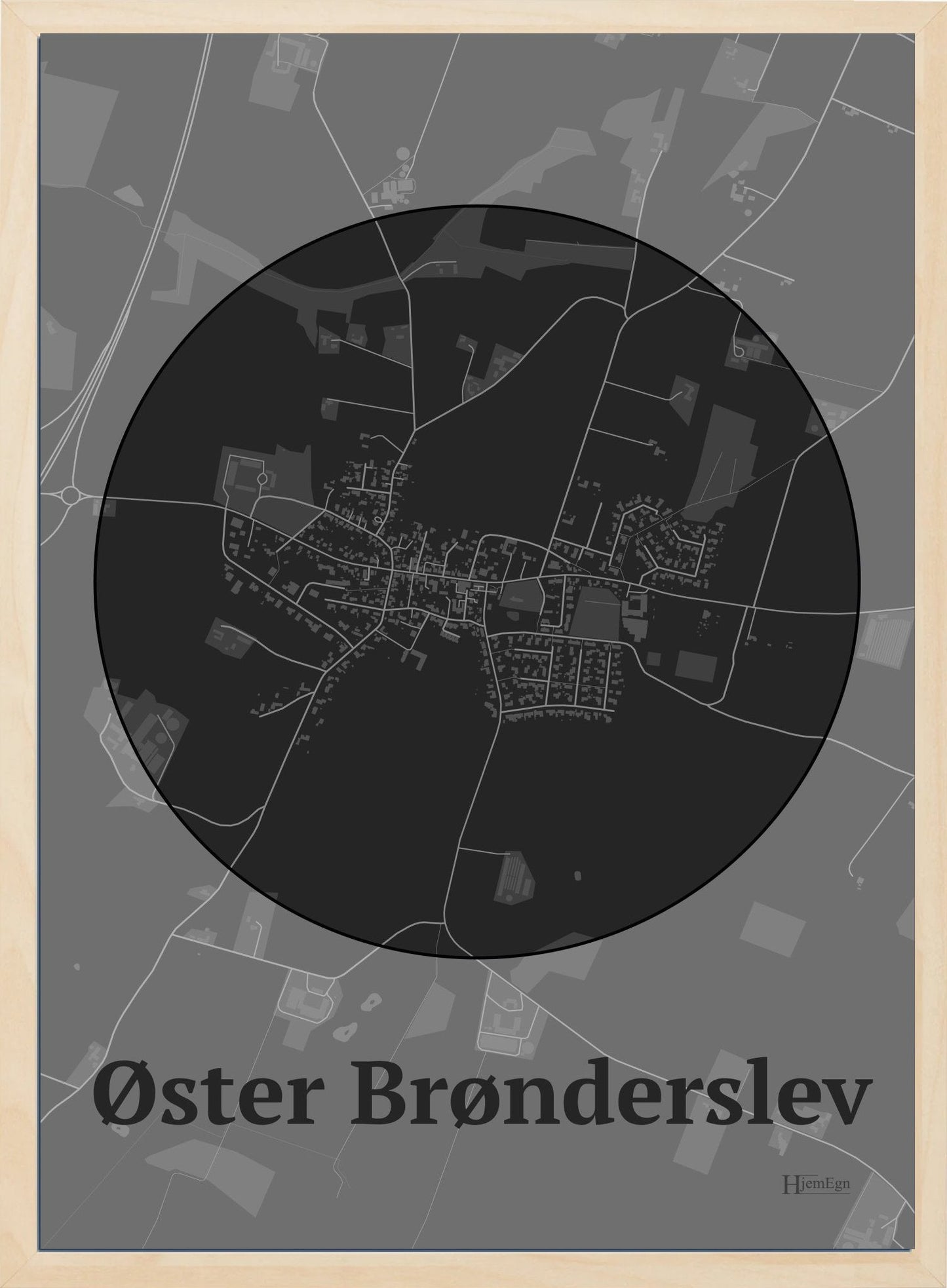 Øster Brønderslev plakat i farve mørk grå og HjemEgn.dk design centrum. Design bykort for Øster Brønderslev