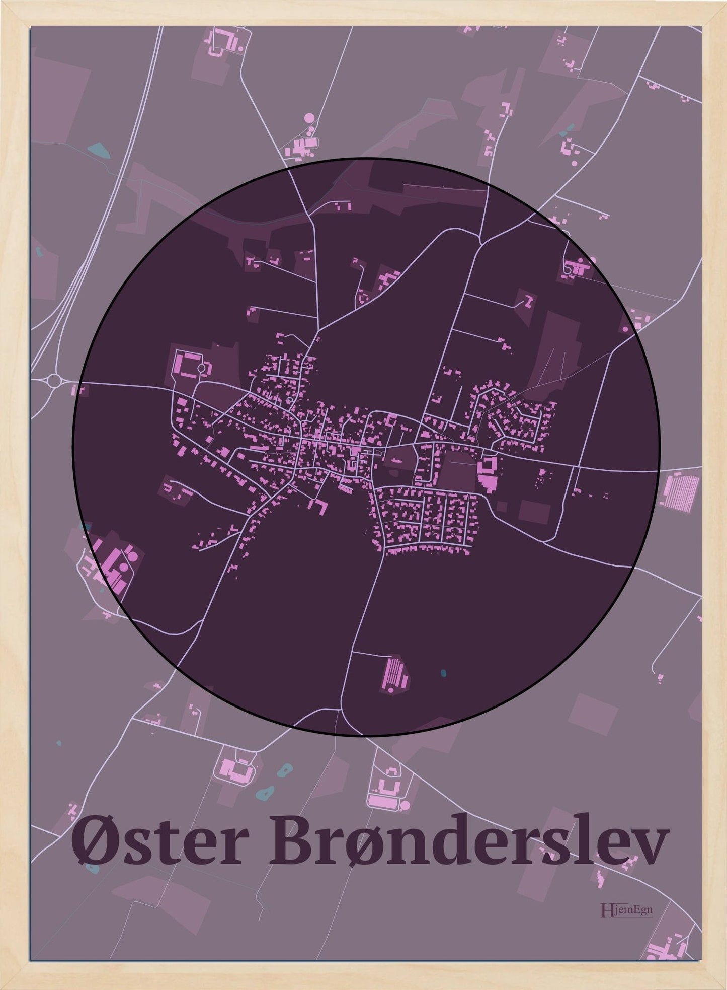Øster Brønderslev plakat i farve mørk rød og HjemEgn.dk design centrum. Design bykort for Øster Brønderslev