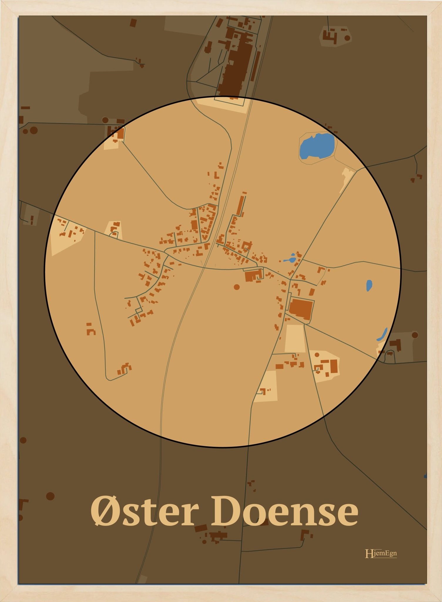 Øster Doense plakat i farve pastel brun og HjemEgn.dk design centrum. Design bykort for Øster Doense