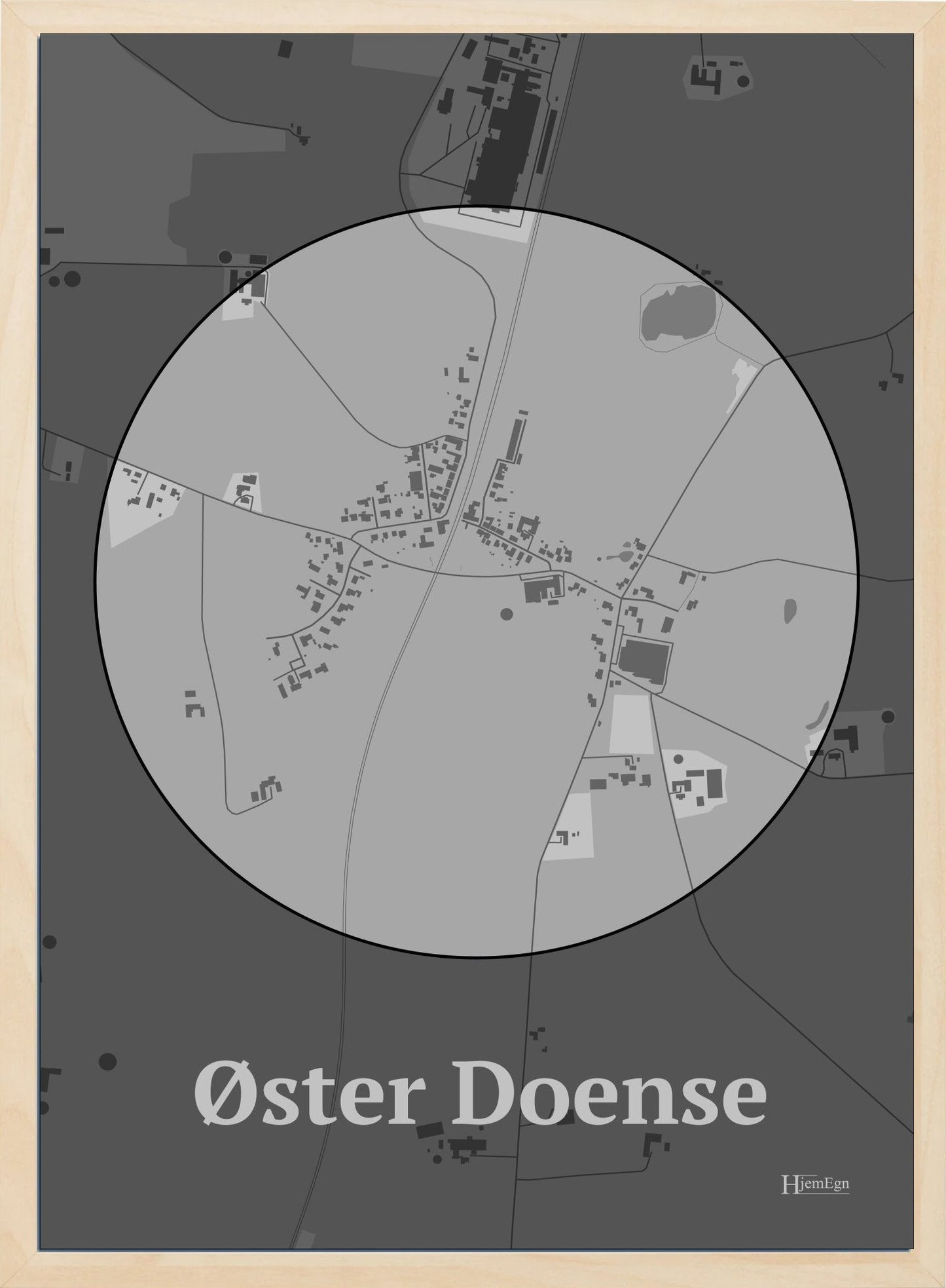 Øster Doense plakat i farve pastel grå og HjemEgn.dk design centrum. Design bykort for Øster Doense