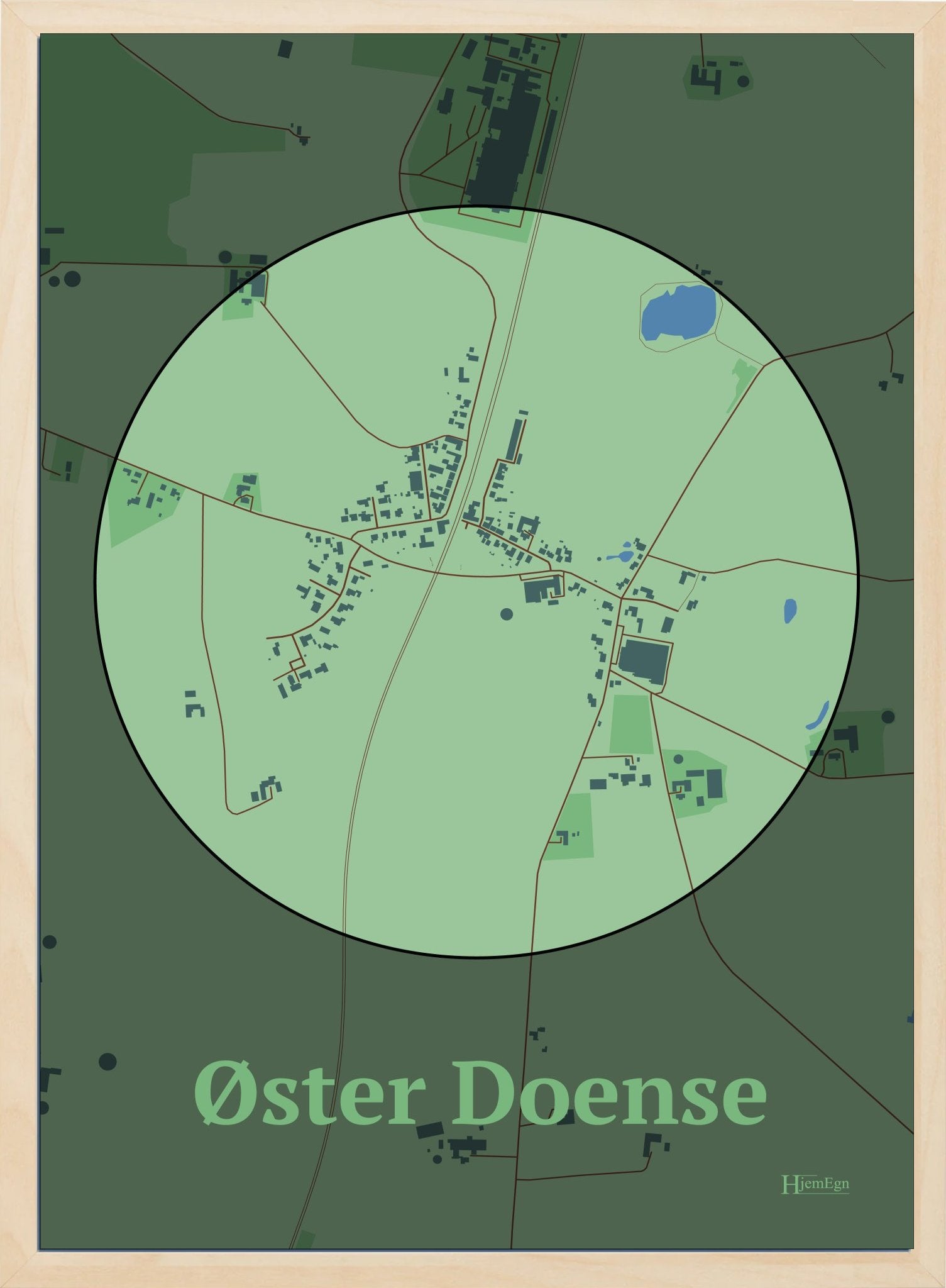 Øster Doense plakat i farve pastel grøn og HjemEgn.dk design centrum. Design bykort for Øster Doense
