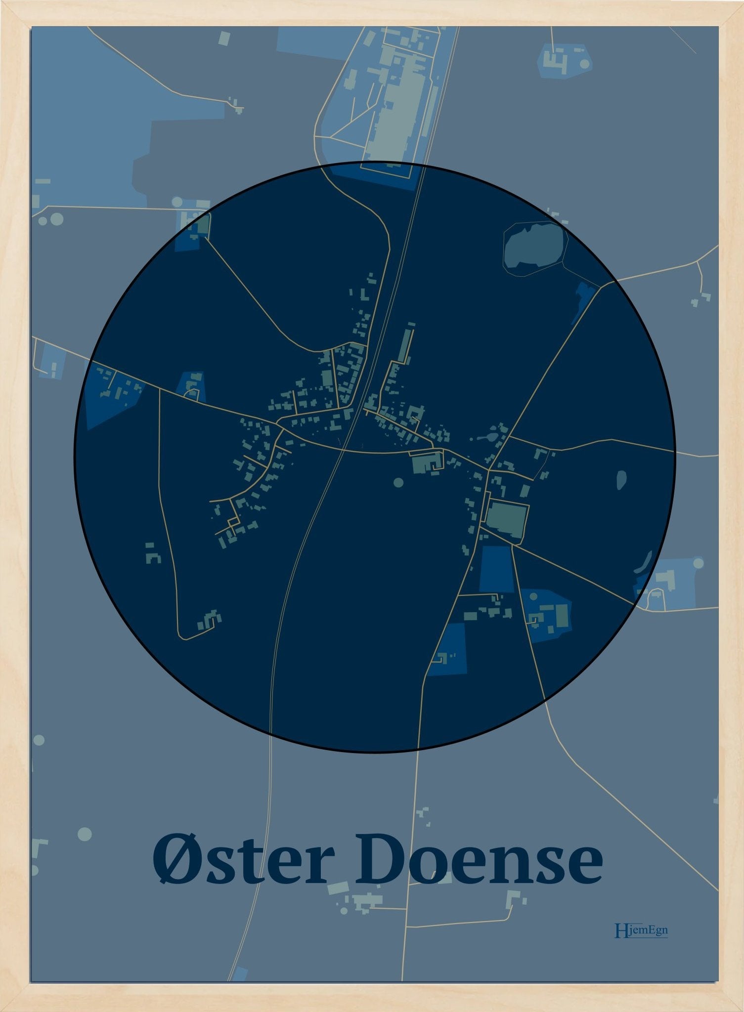 Øster Doense plakat i farve mørk blå og HjemEgn.dk design centrum. Design bykort for Øster Doense