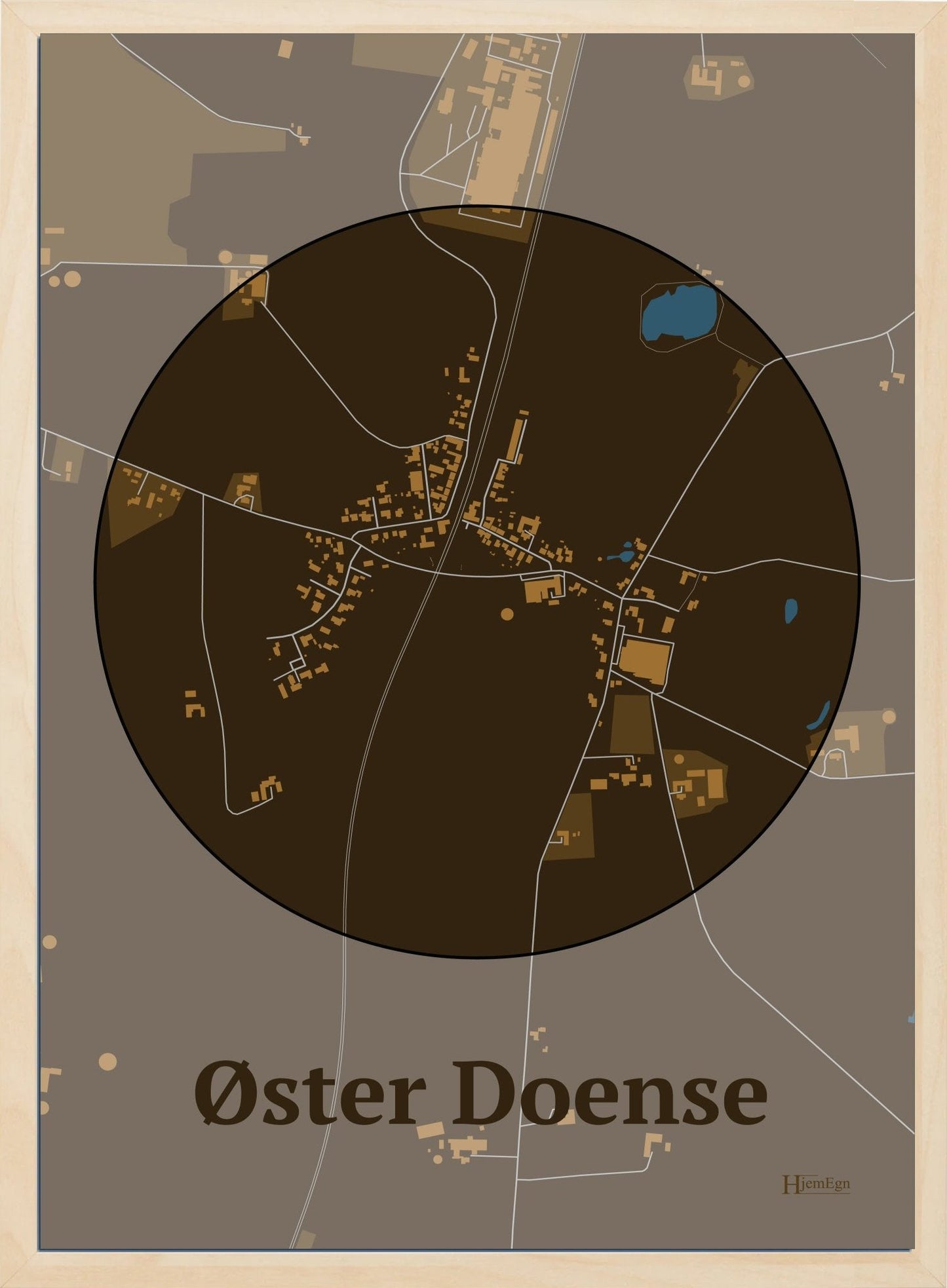 Øster Doense plakat i farve mørk brun og HjemEgn.dk design centrum. Design bykort for Øster Doense