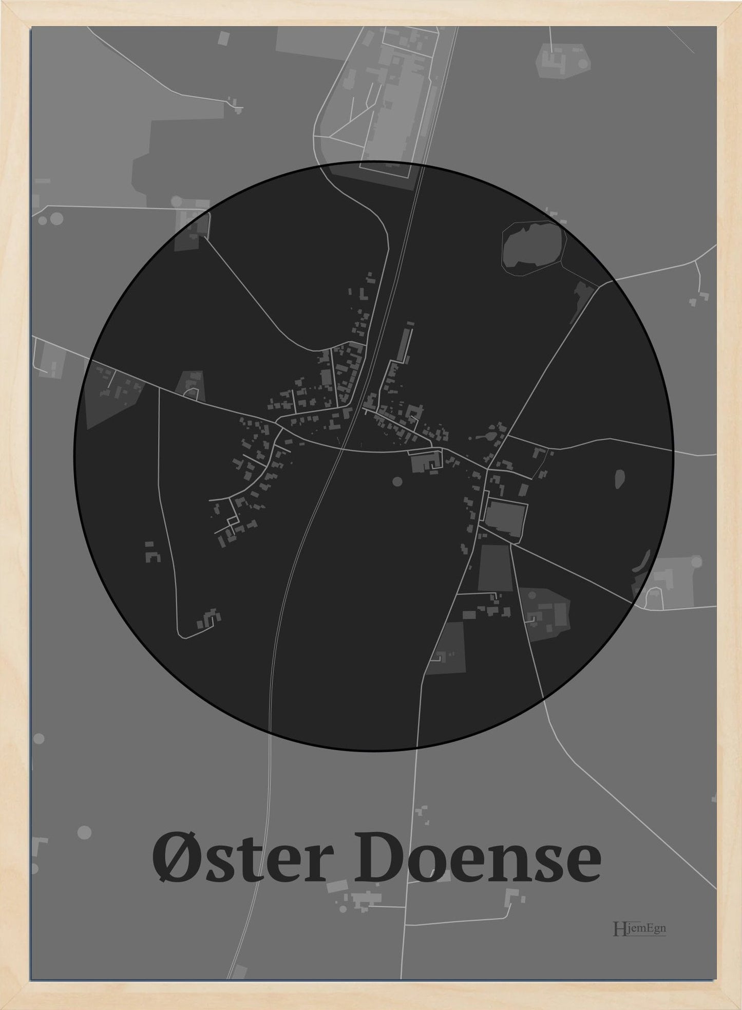 Øster Doense plakat i farve mørk grå og HjemEgn.dk design centrum. Design bykort for Øster Doense