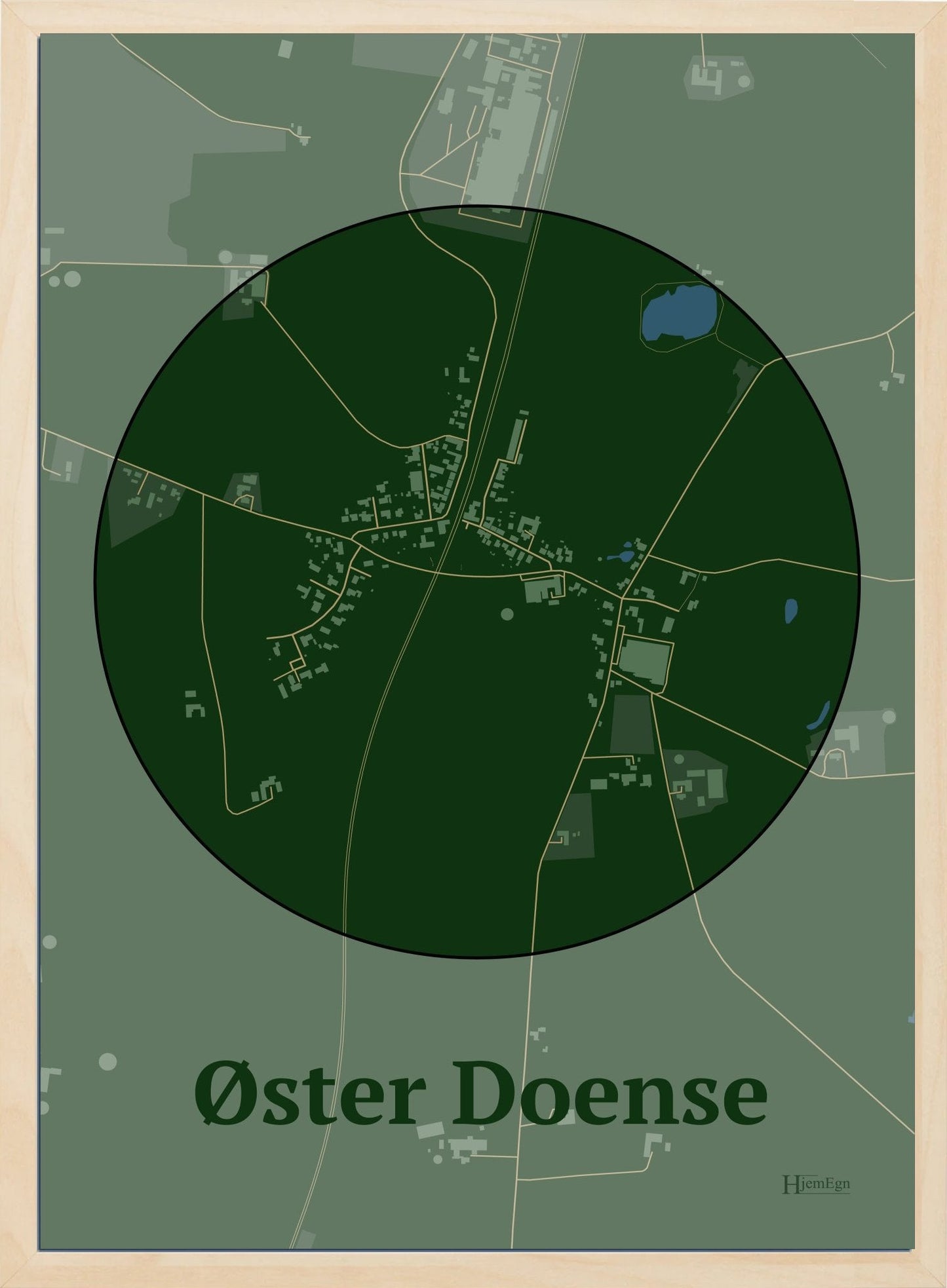 Øster Doense plakat i farve mørk grøn og HjemEgn.dk design centrum. Design bykort for Øster Doense
