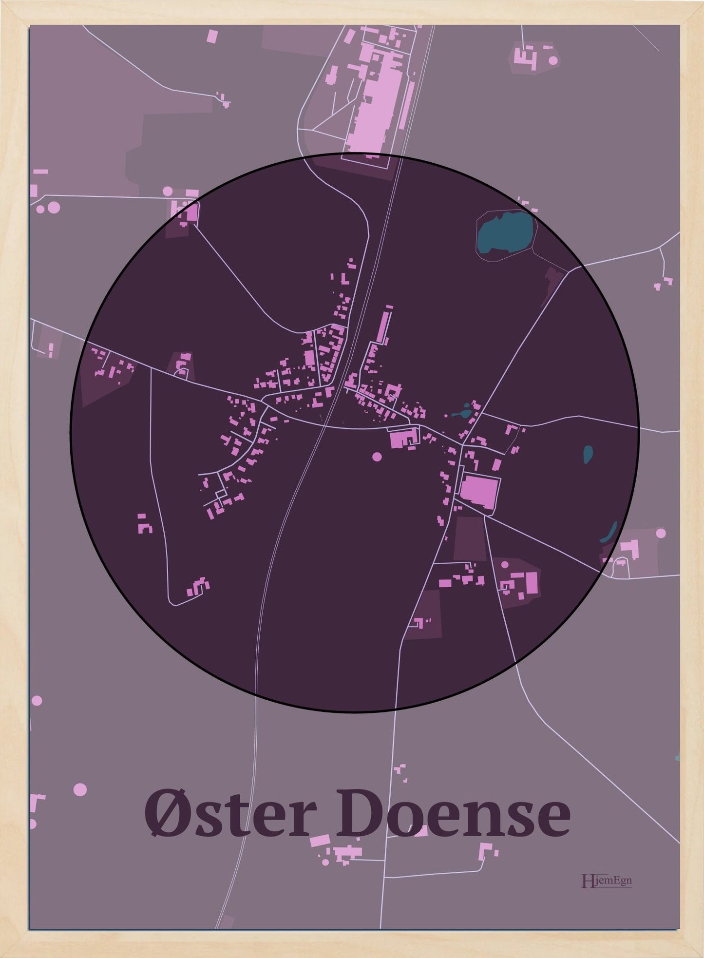 Øster Doense plakat i farve mørk rød og HjemEgn.dk design centrum. Design bykort for Øster Doense