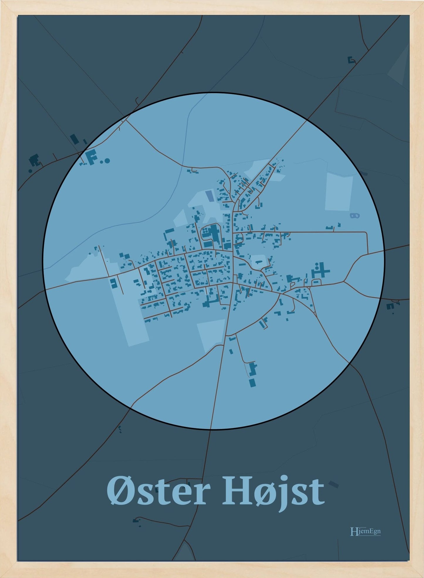 Øster Højst plakat i farve pastel blå og HjemEgn.dk design centrum. Design bykort for Øster Højst