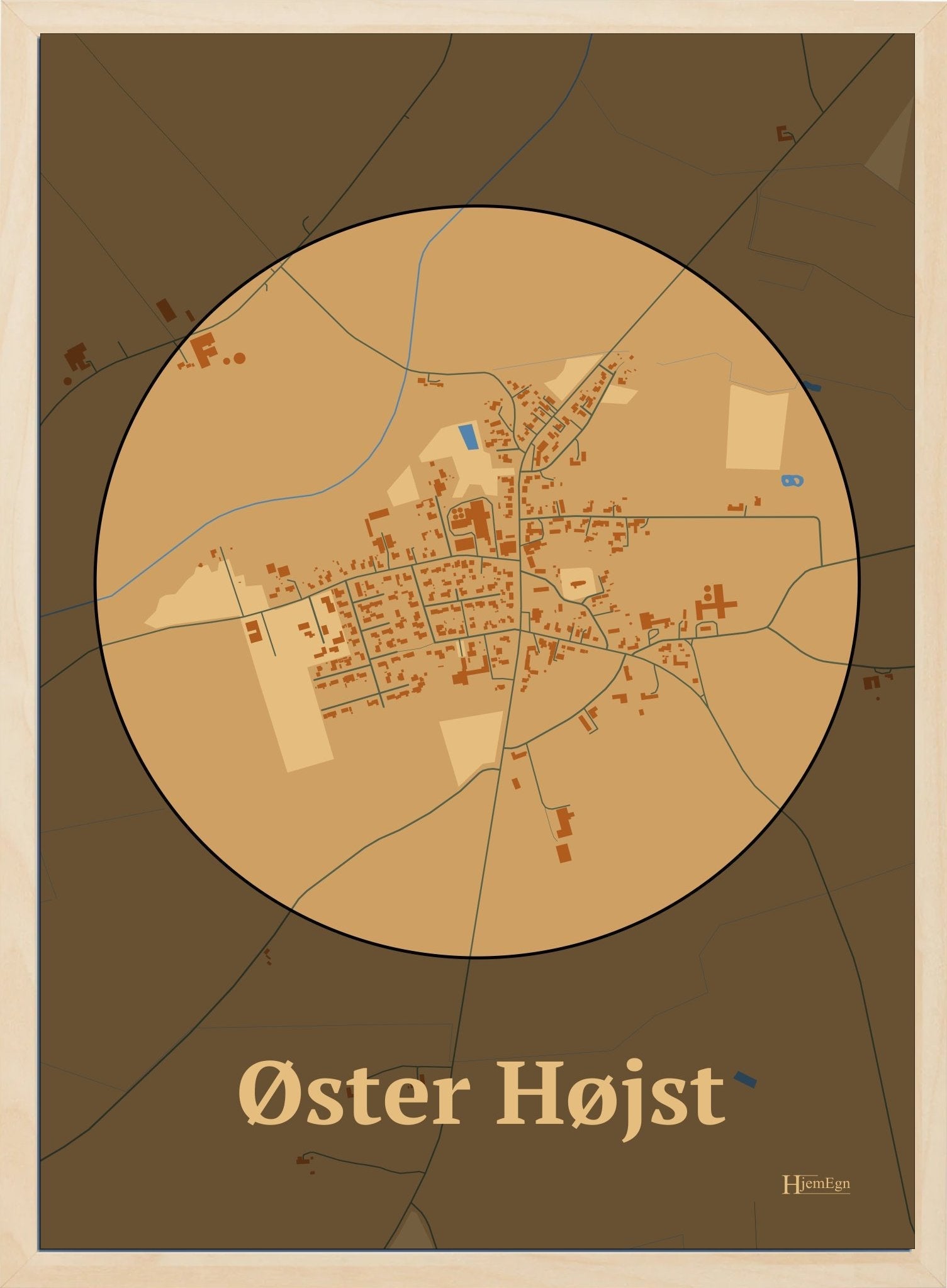 Øster Højst plakat i farve pastel brun og HjemEgn.dk design centrum. Design bykort for Øster Højst