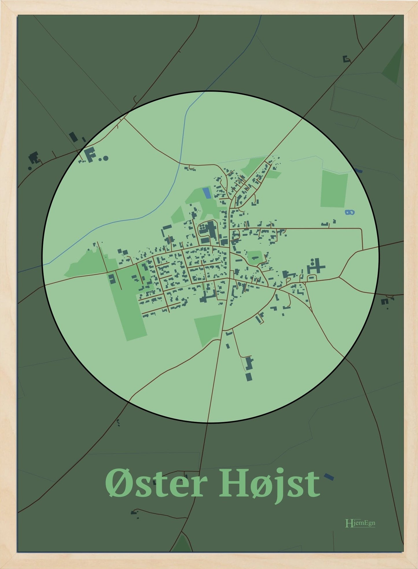 Øster Højst plakat i farve pastel grøn og HjemEgn.dk design centrum. Design bykort for Øster Højst