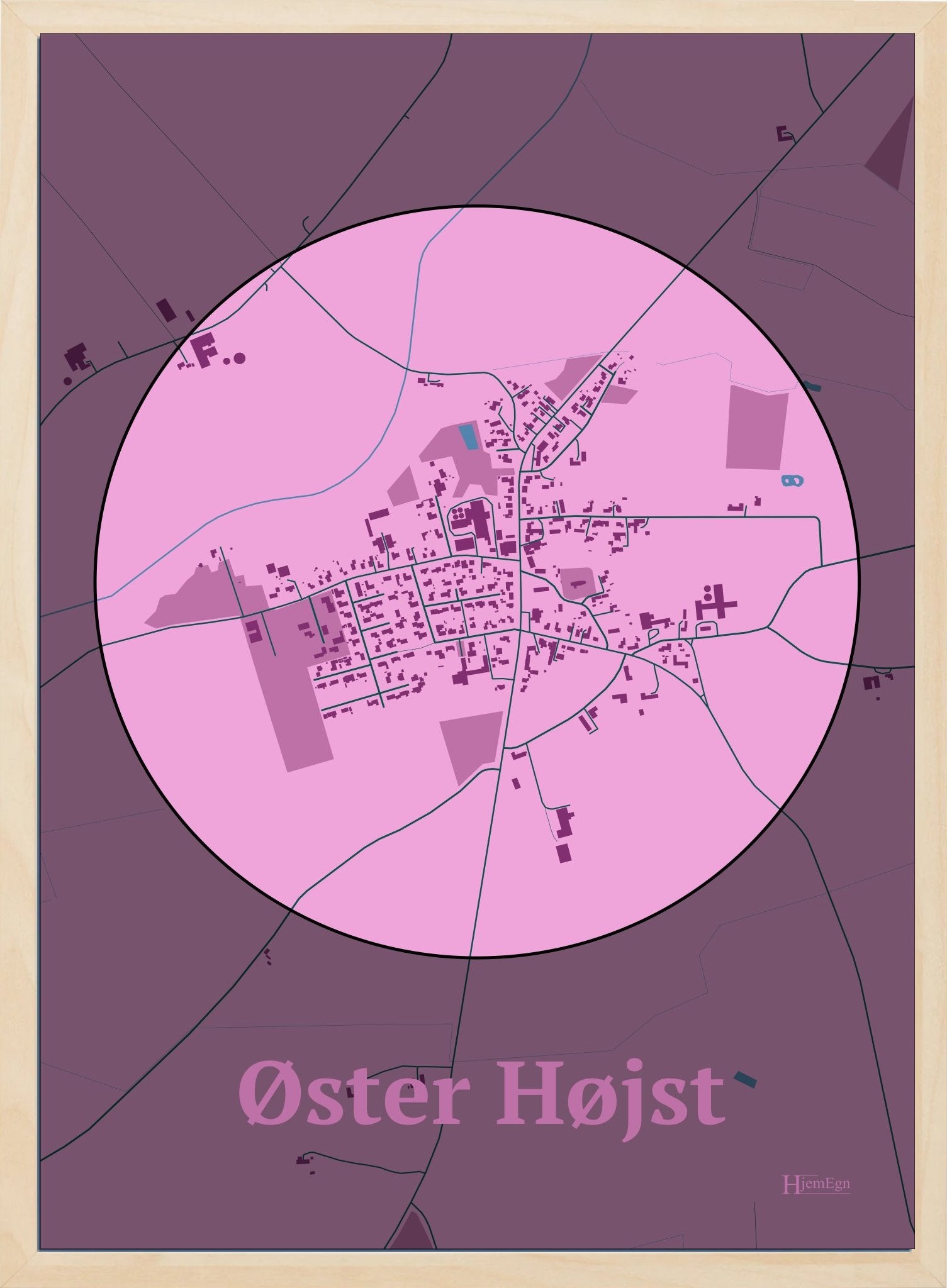 Øster Højst plakat i farve pastel rød og HjemEgn.dk design centrum. Design bykort for Øster Højst