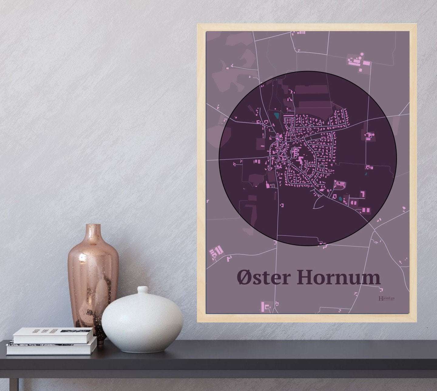 Øster Hornum plakat i farve  og HjemEgn.dk design centrum. Design bykort for Øster Hornum