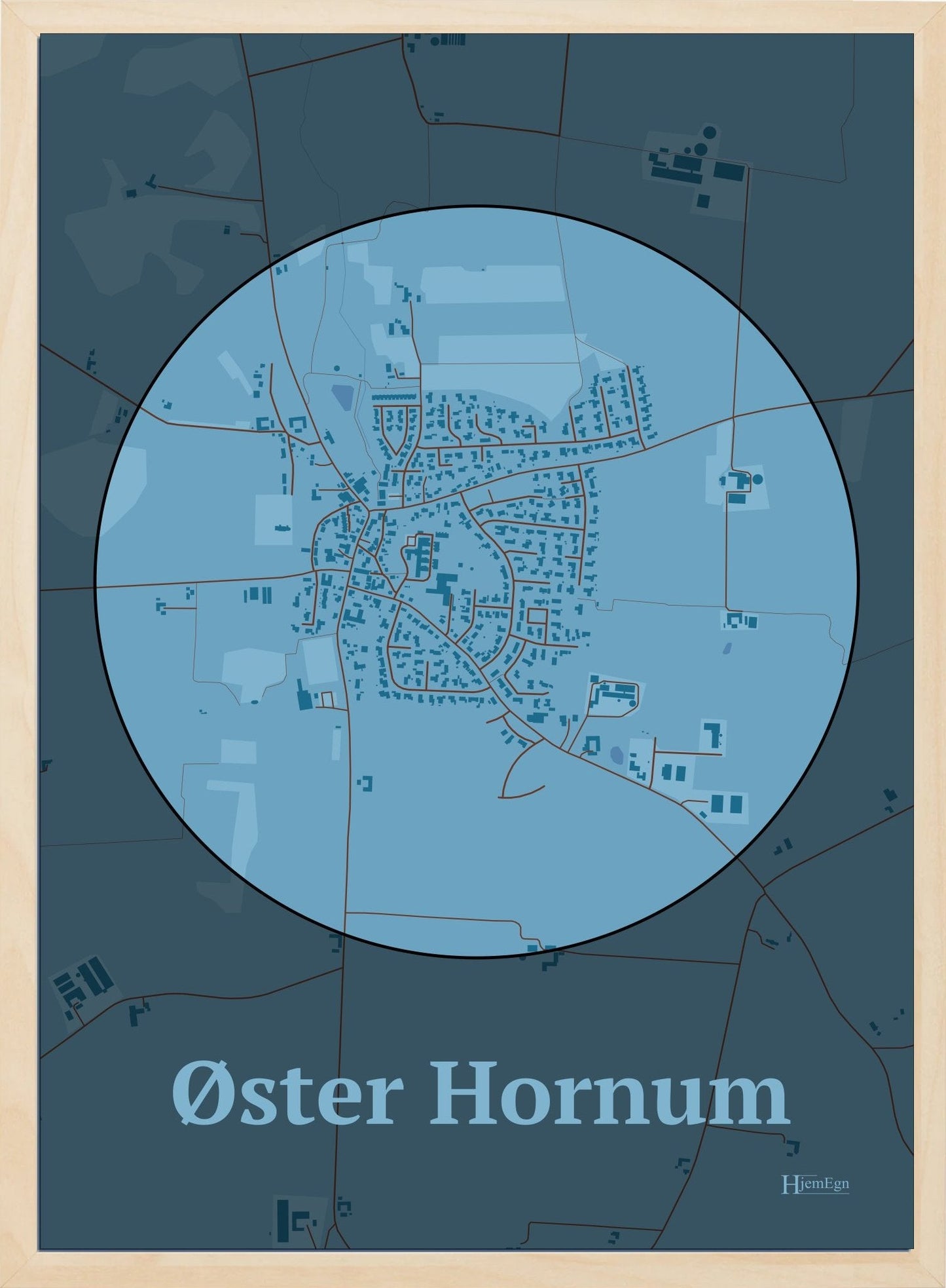 Øster Hornum plakat i farve pastel blå og HjemEgn.dk design centrum. Design bykort for Øster Hornum