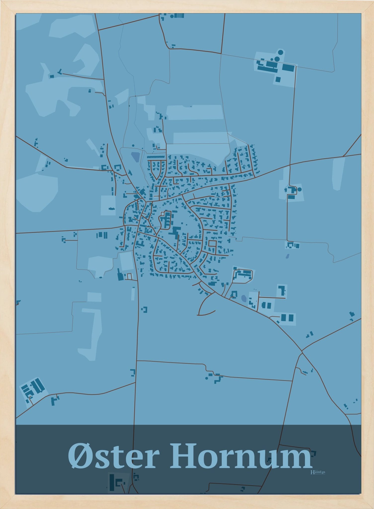 Øster Hornum plakat i farve pastel blå og HjemEgn.dk design firkantet. Design bykort for Øster Hornum