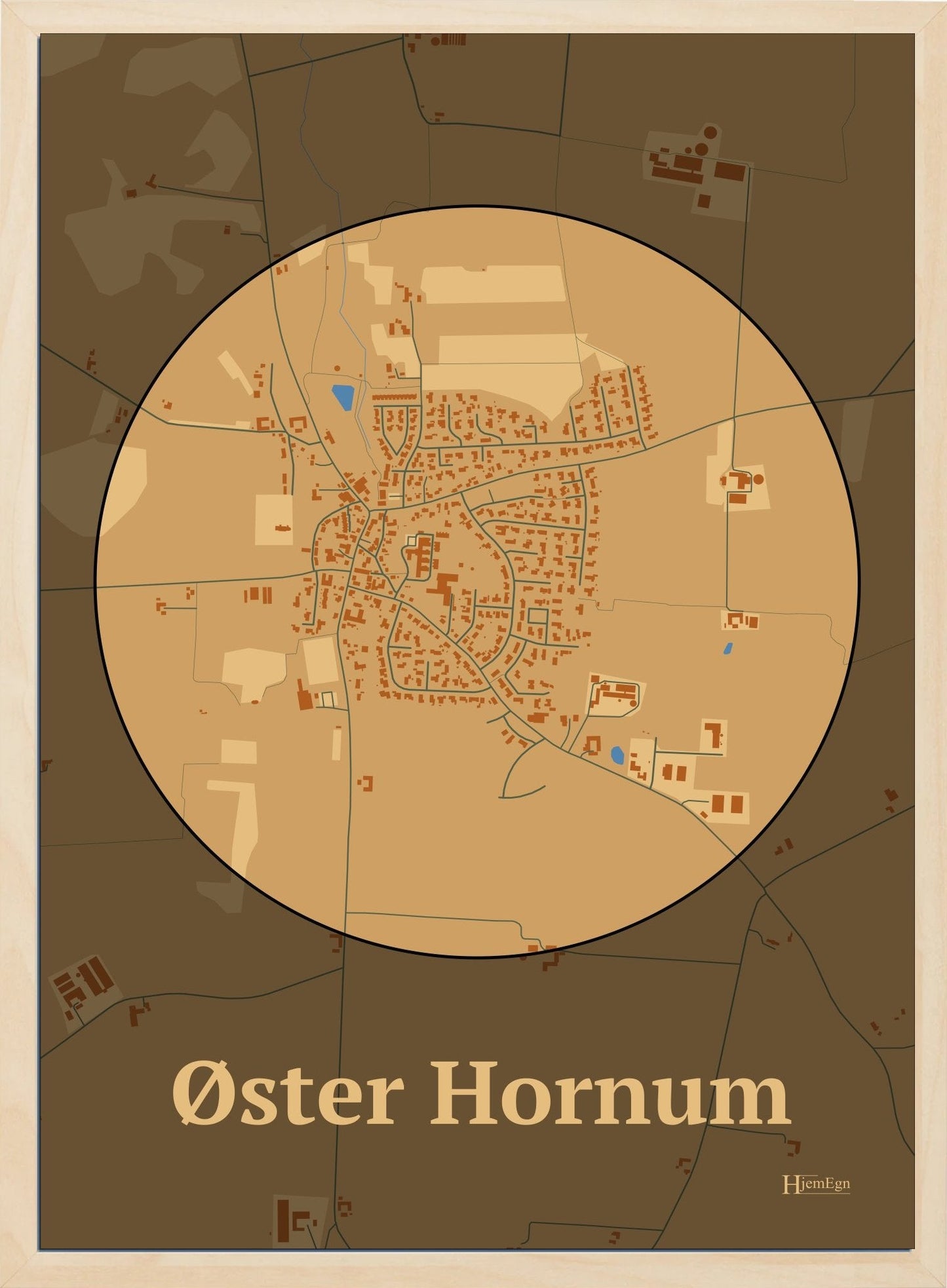 Øster Hornum plakat i farve pastel brun og HjemEgn.dk design centrum. Design bykort for Øster Hornum