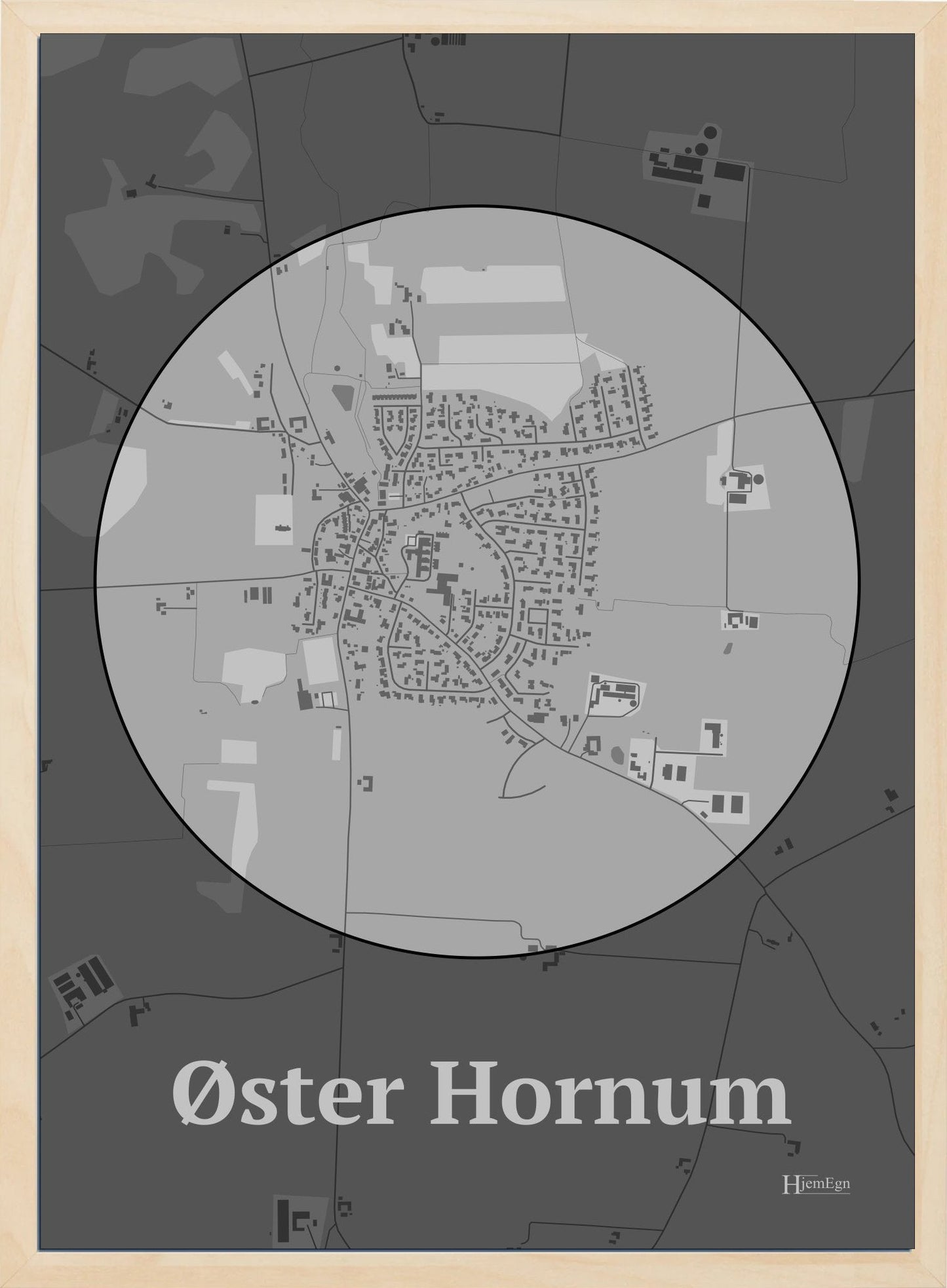 Øster Hornum plakat i farve pastel grå og HjemEgn.dk design centrum. Design bykort for Øster Hornum