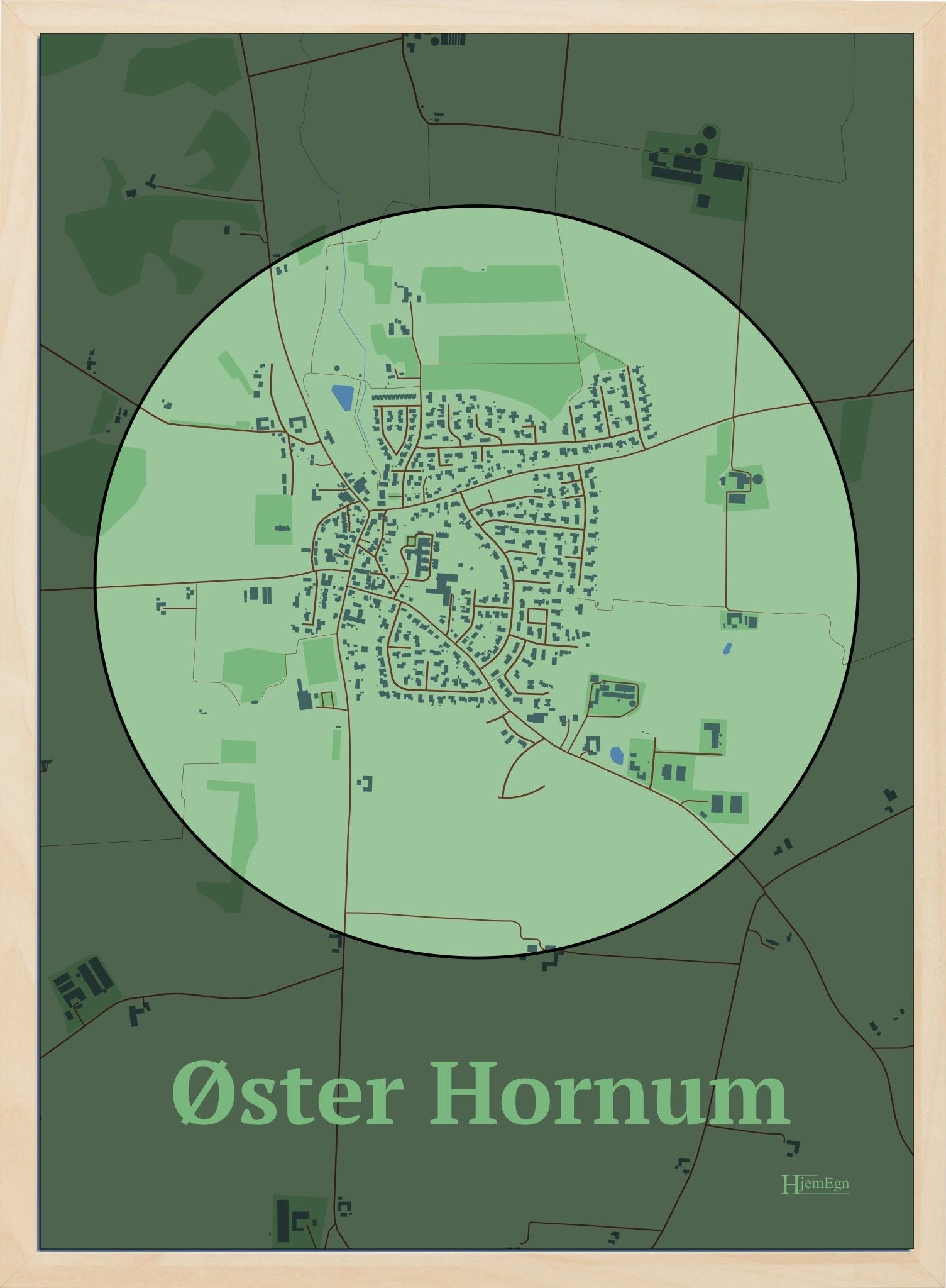Øster Hornum plakat i farve pastel grøn og HjemEgn.dk design centrum. Design bykort for Øster Hornum