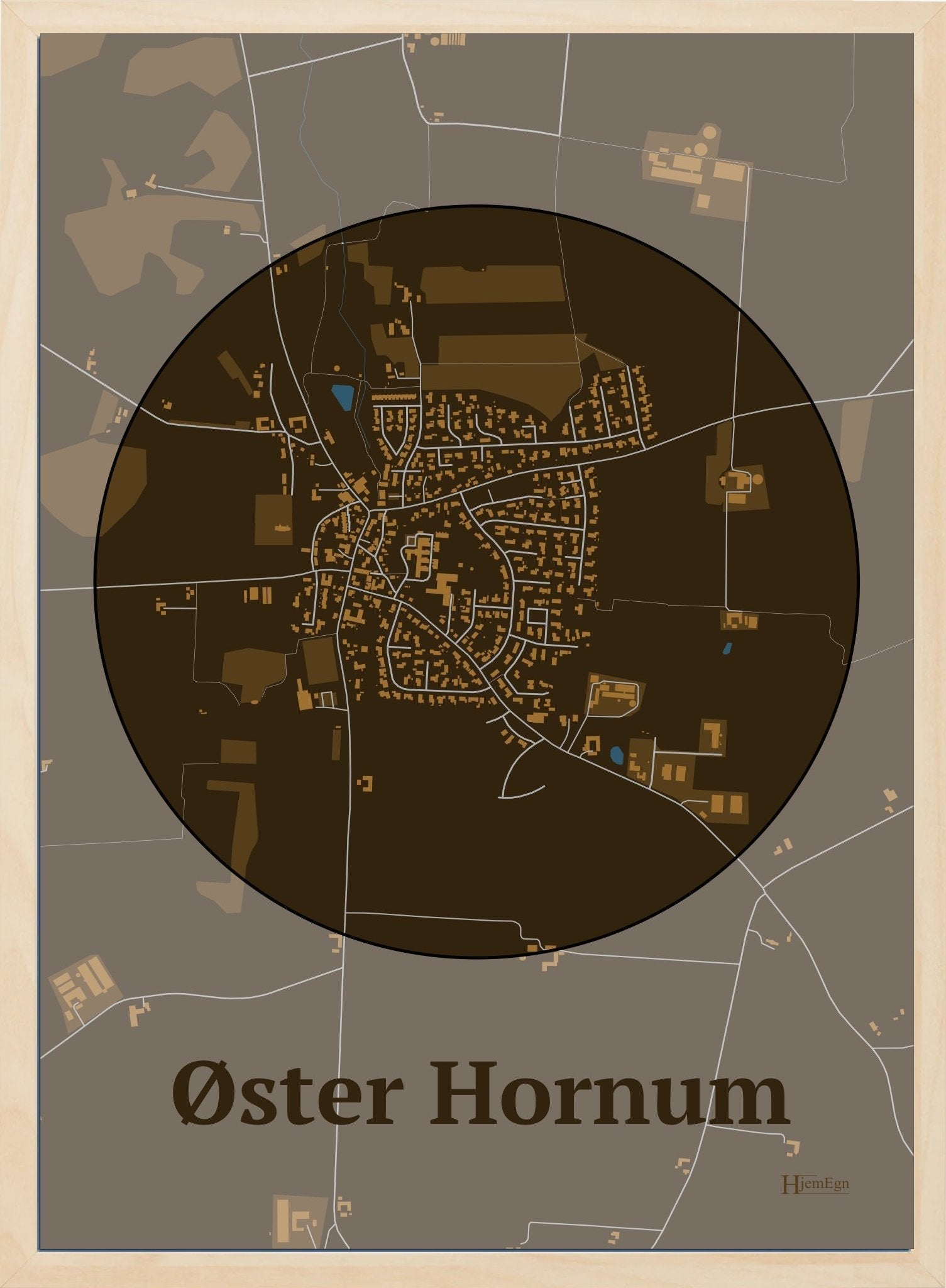 Øster Hornum plakat i farve mørk brun og HjemEgn.dk design centrum. Design bykort for Øster Hornum