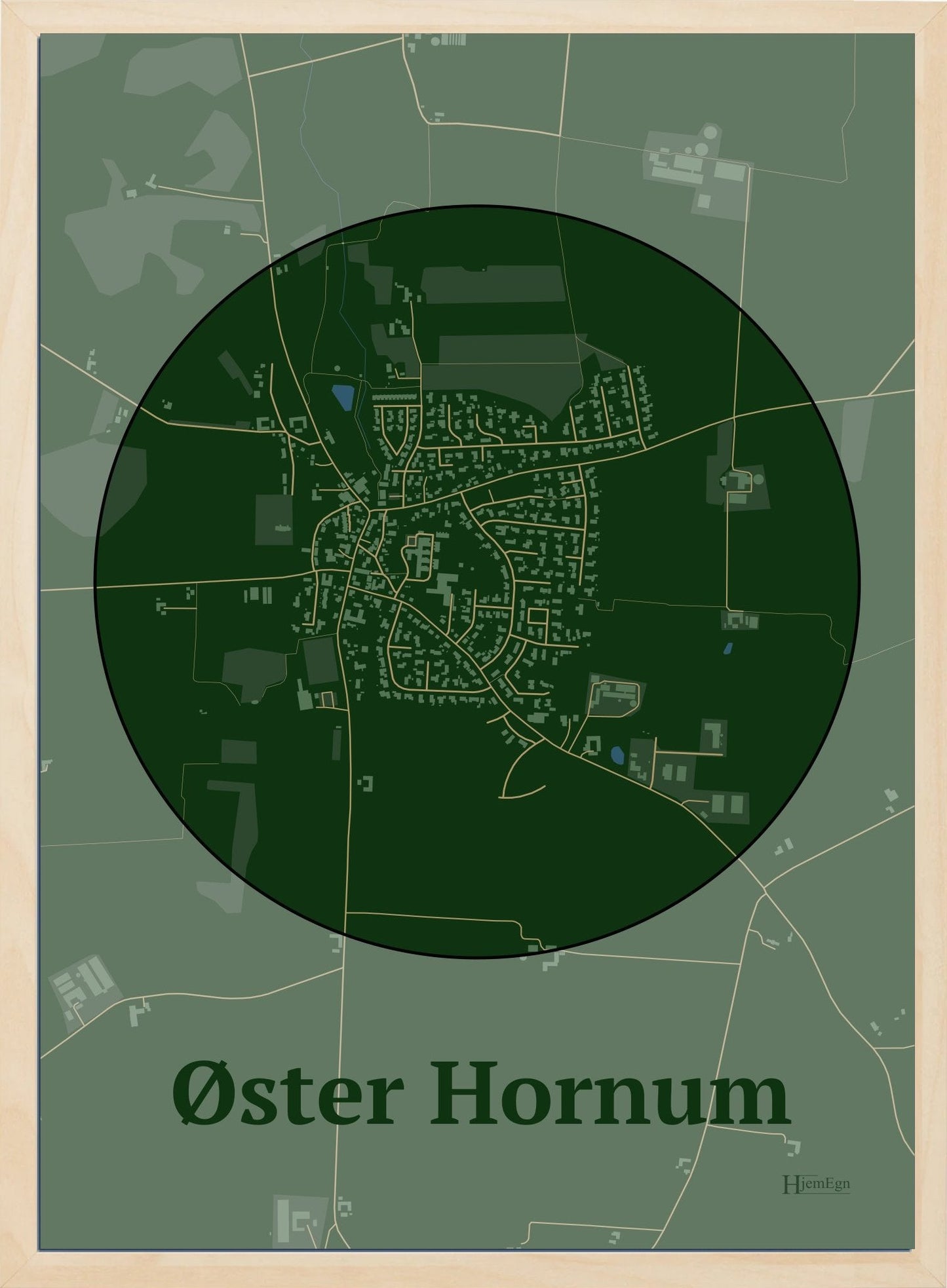 Øster Hornum plakat i farve mørk grøn og HjemEgn.dk design centrum. Design bykort for Øster Hornum