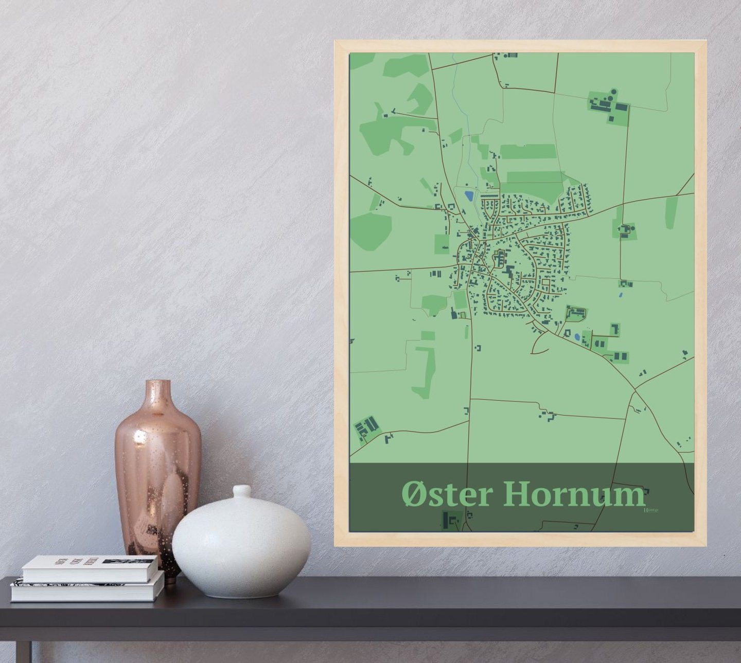 Øster Hornum plakat i farve  og HjemEgn.dk design firkantet. Design bykort for Øster Hornum