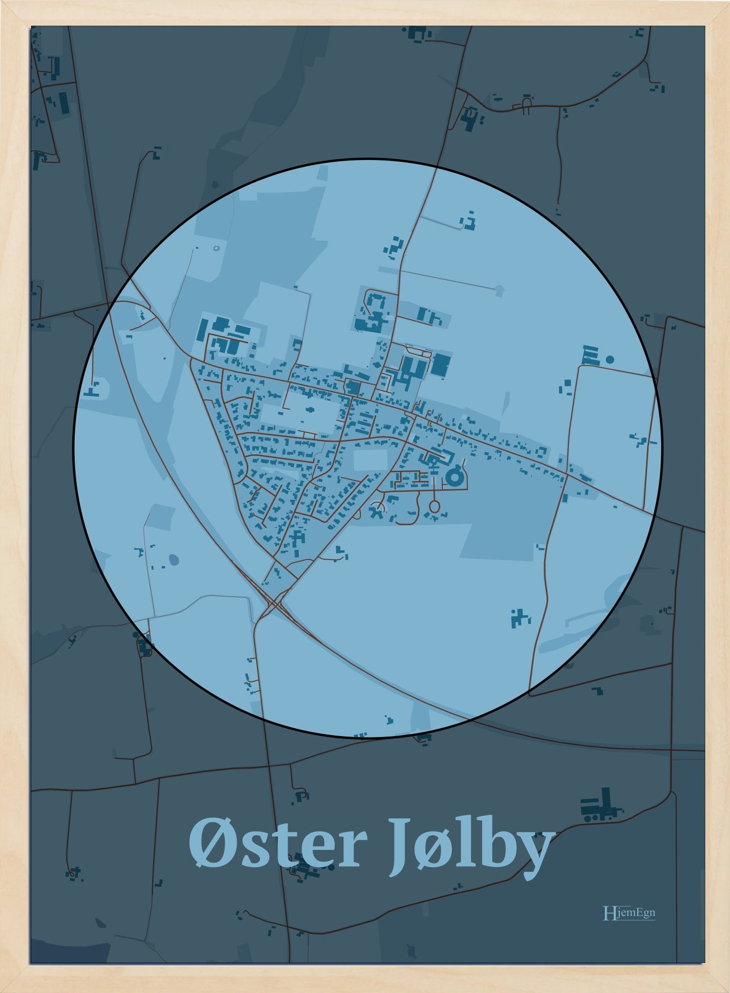 Øster Jølby plakat i farve pastel blå og HjemEgn.dk design centrum. Design bykort for Øster Jølby