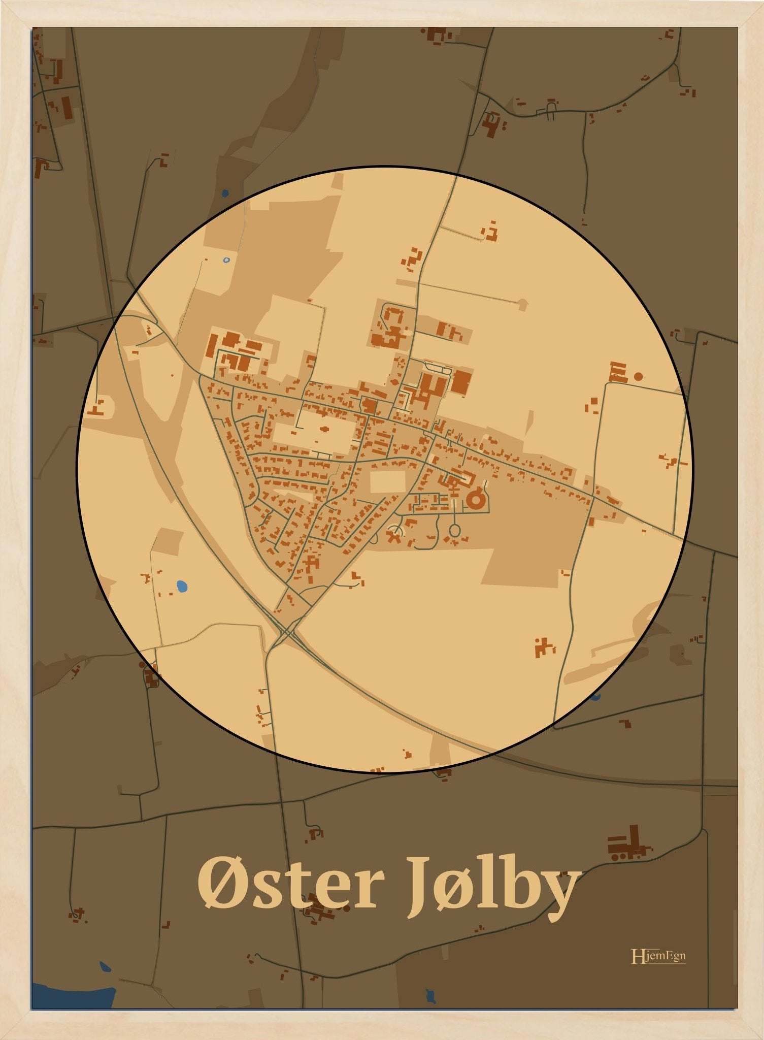 Øster Jølby plakat i farve pastel brun og HjemEgn.dk design centrum. Design bykort for Øster Jølby