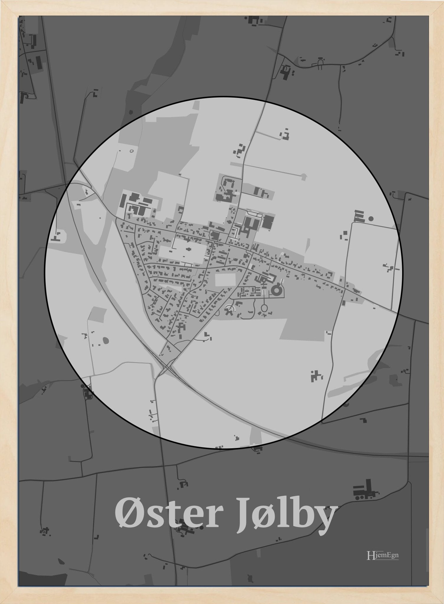 Øster Jølby plakat i farve pastel grå og HjemEgn.dk design centrum. Design bykort for Øster Jølby
