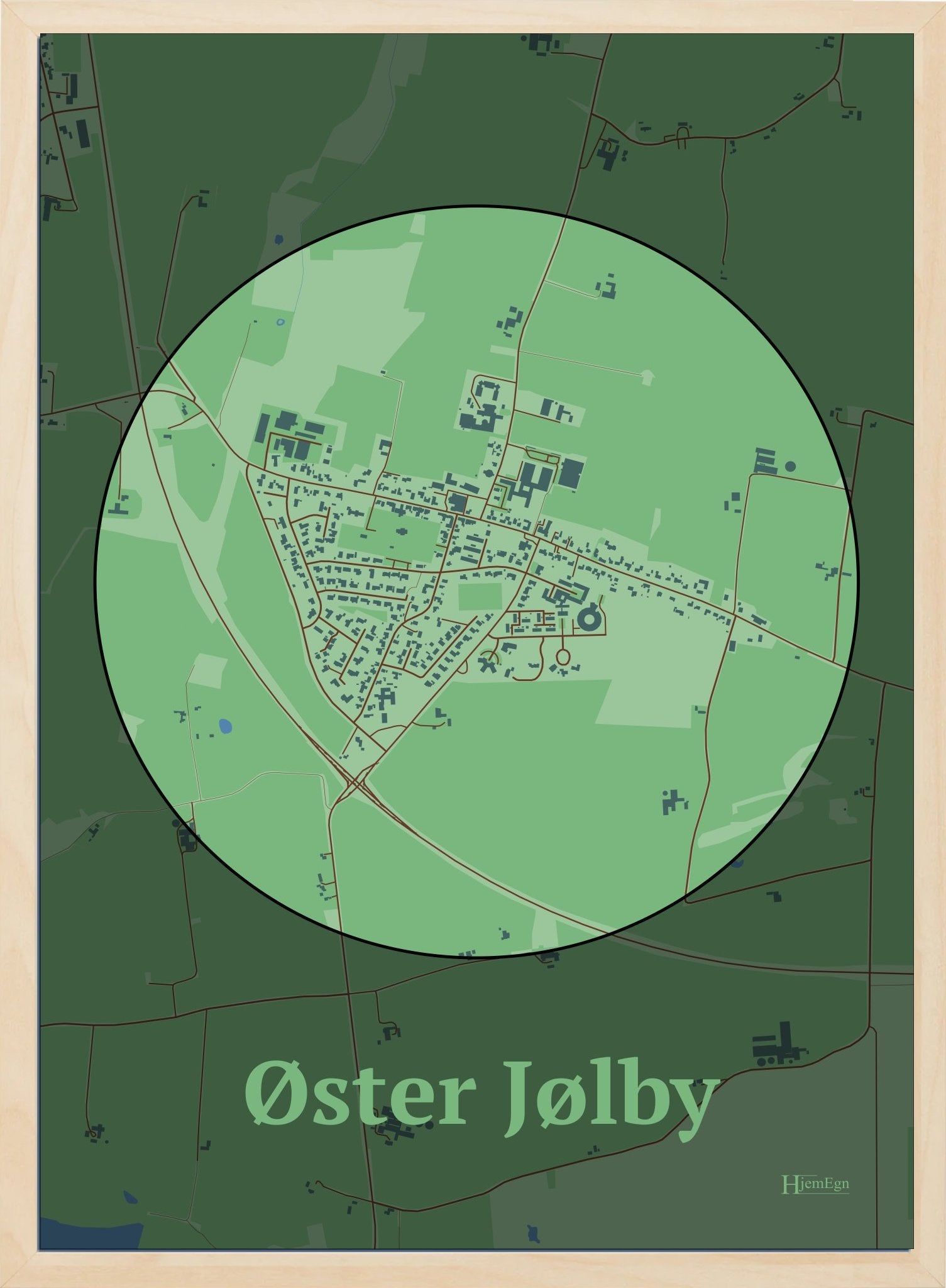 Øster Jølby plakat i farve pastel grøn og HjemEgn.dk design centrum. Design bykort for Øster Jølby