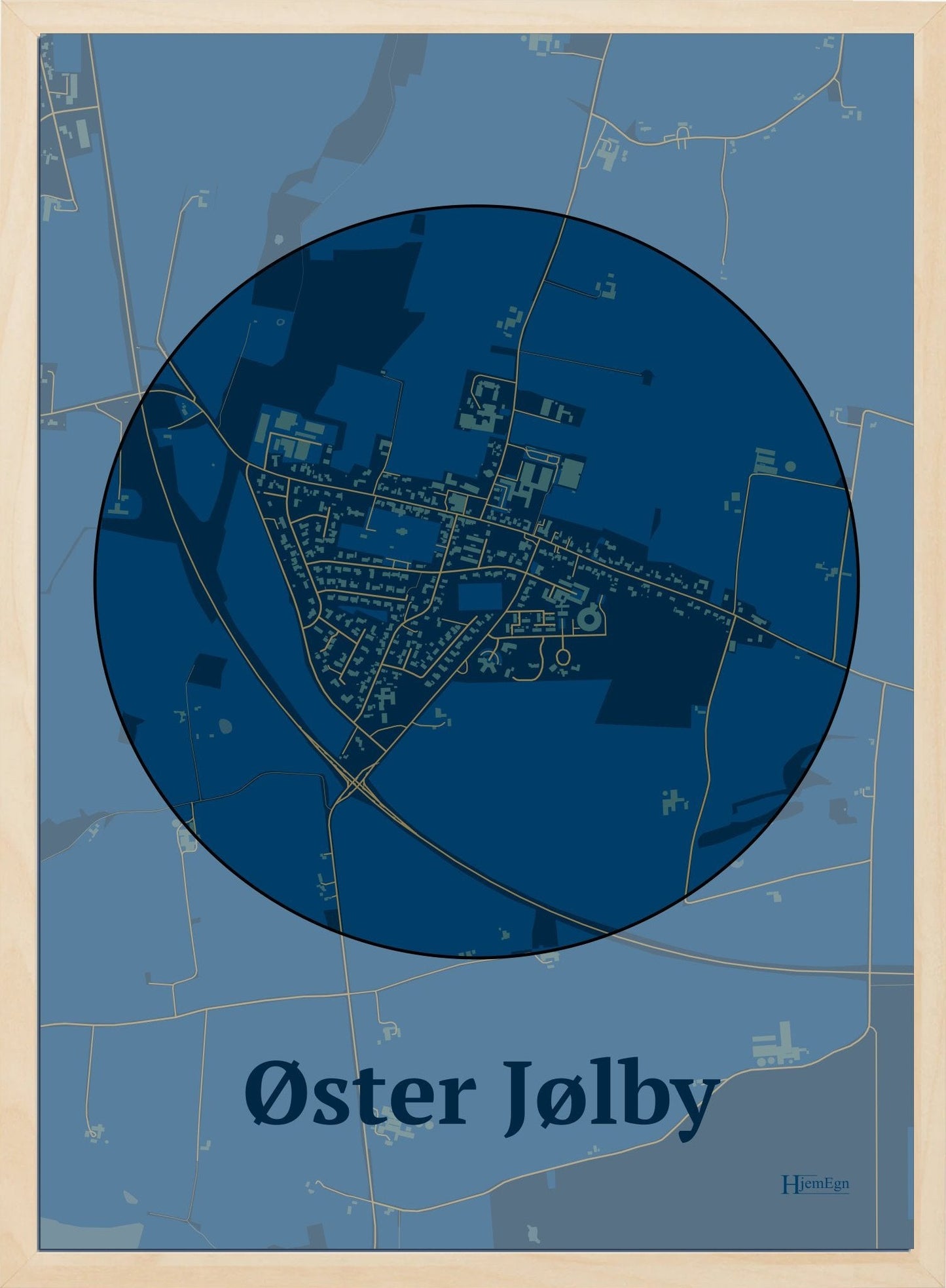 Øster Jølby plakat i farve mørk blå og HjemEgn.dk design centrum. Design bykort for Øster Jølby