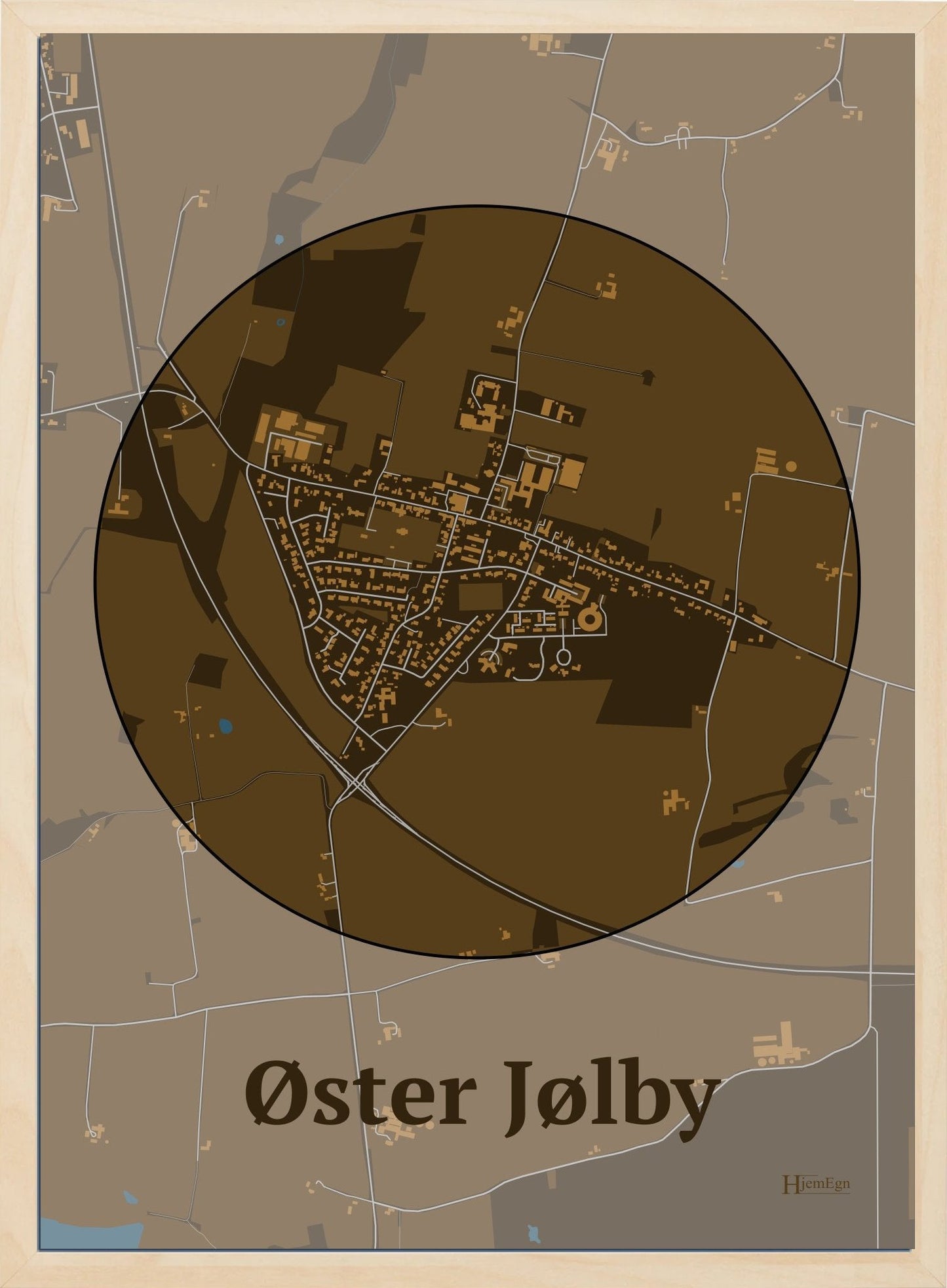 Øster Jølby plakat i farve mørk brun og HjemEgn.dk design centrum. Design bykort for Øster Jølby
