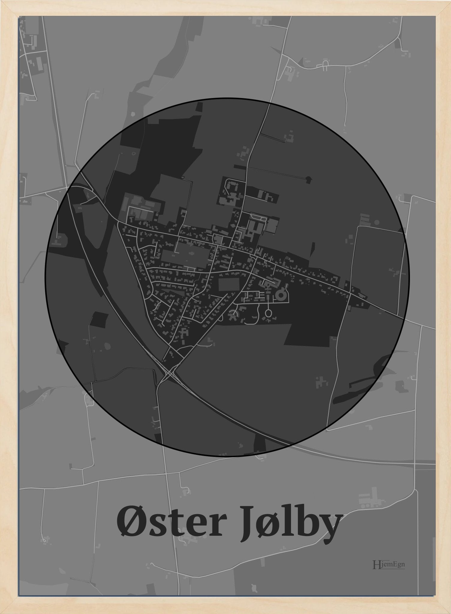 Øster Jølby plakat i farve mørk grå og HjemEgn.dk design centrum. Design bykort for Øster Jølby