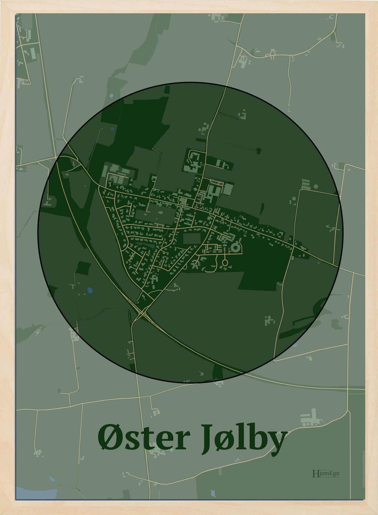 Øster Jølby plakat i farve mørk grøn og HjemEgn.dk design centrum. Design bykort for Øster Jølby
