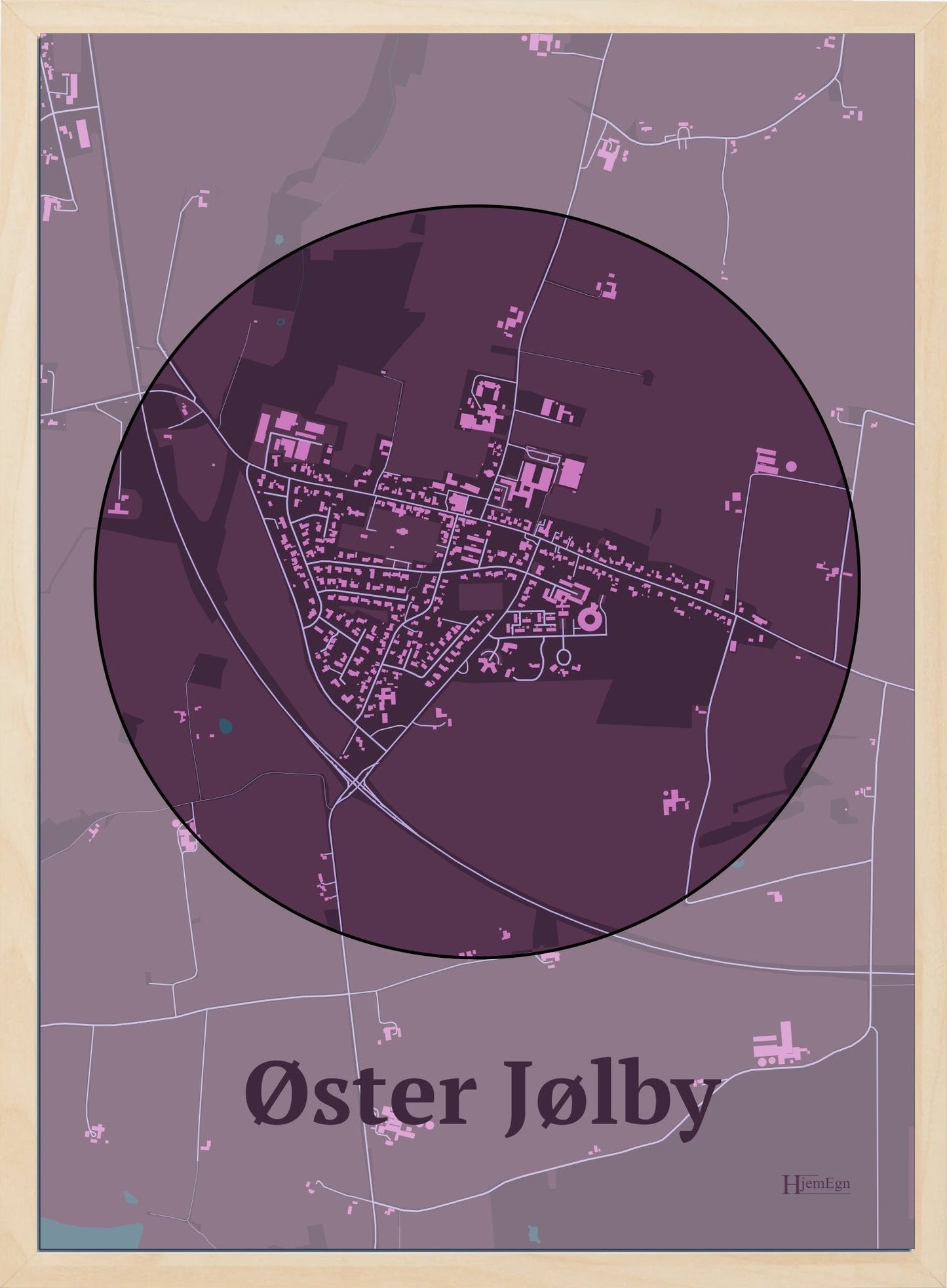 Øster Jølby plakat i farve mørk rød og HjemEgn.dk design centrum. Design bykort for Øster Jølby