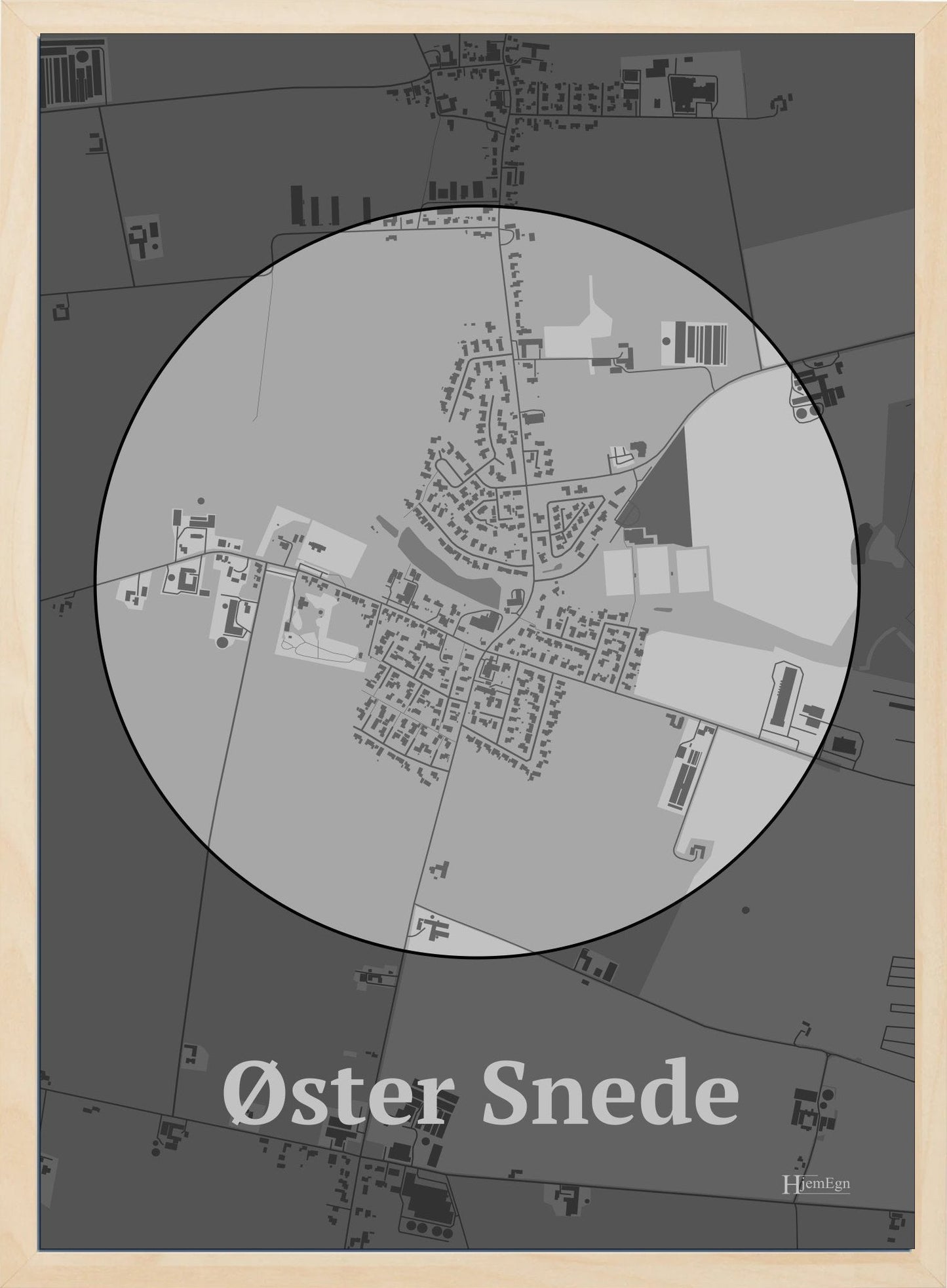 Øster Snede plakat i farve pastel grå og HjemEgn.dk design centrum. Design bykort for Øster Snede