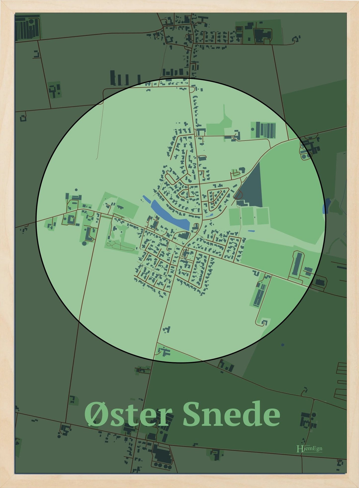 Øster Snede plakat i farve pastel grøn og HjemEgn.dk design centrum. Design bykort for Øster Snede
