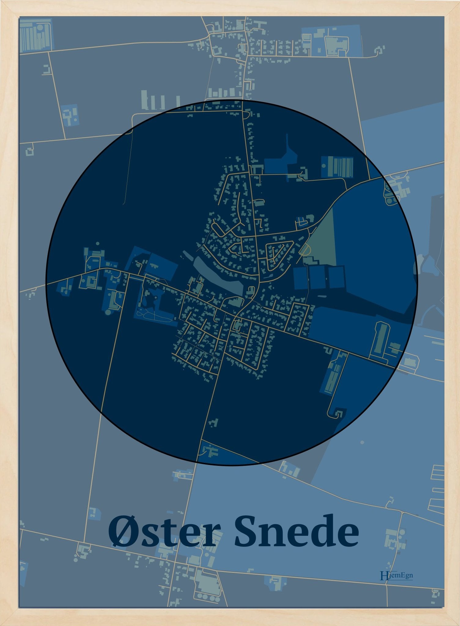 Øster Snede plakat i farve mørk blå og HjemEgn.dk design centrum. Design bykort for Øster Snede