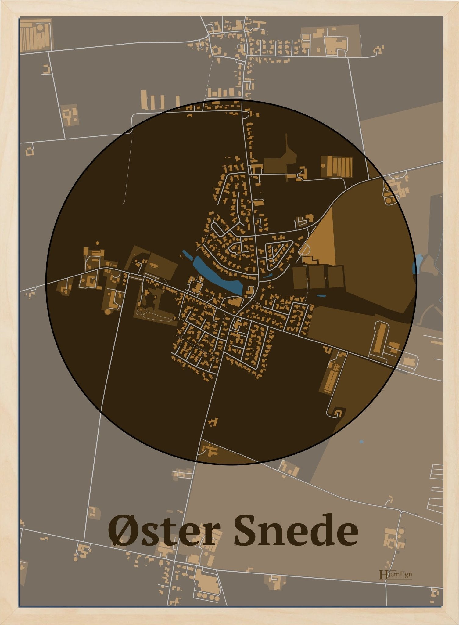 Øster Snede plakat i farve mørk brun og HjemEgn.dk design centrum. Design bykort for Øster Snede