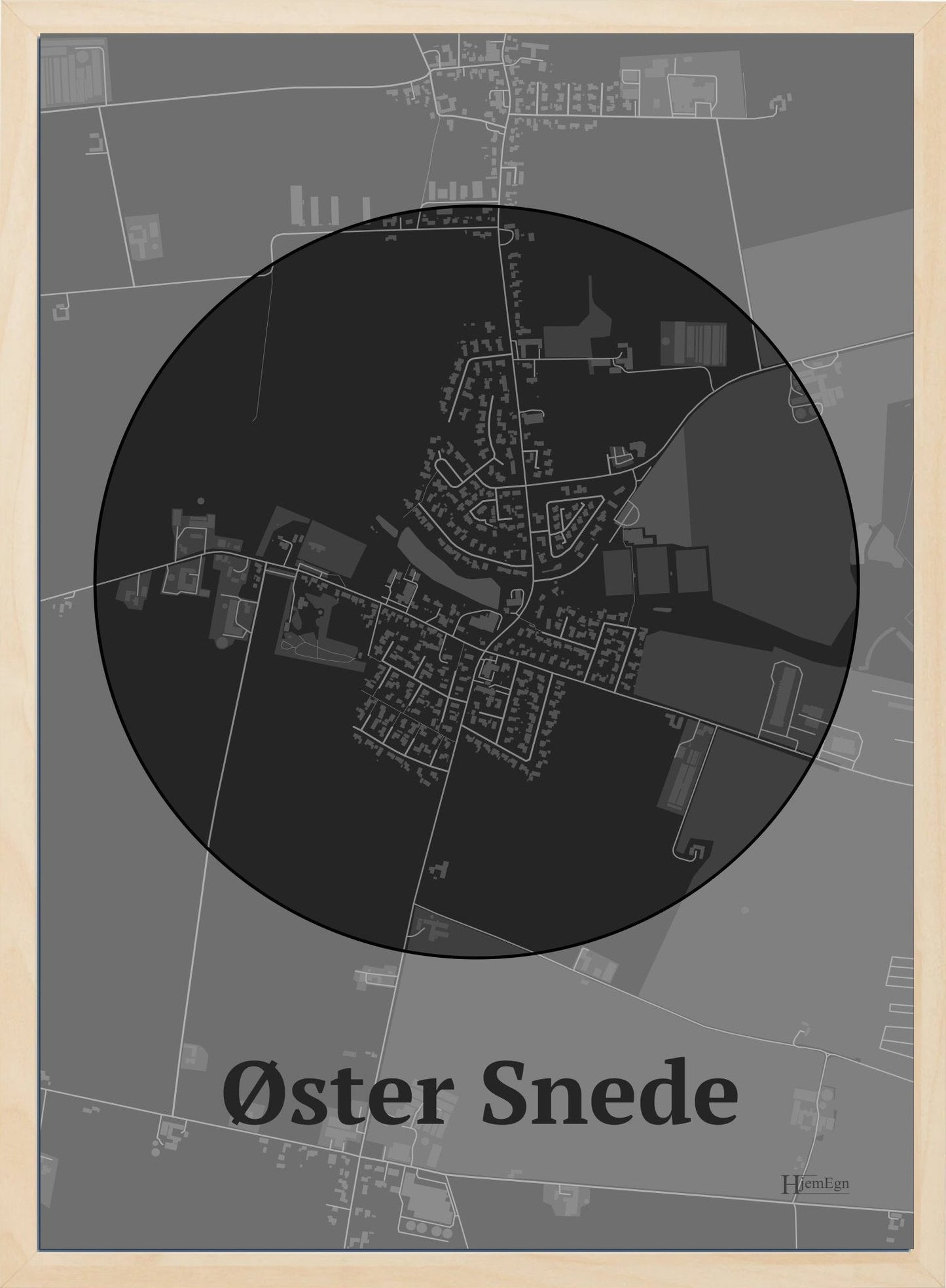 Øster Snede plakat i farve mørk grå og HjemEgn.dk design centrum. Design bykort for Øster Snede