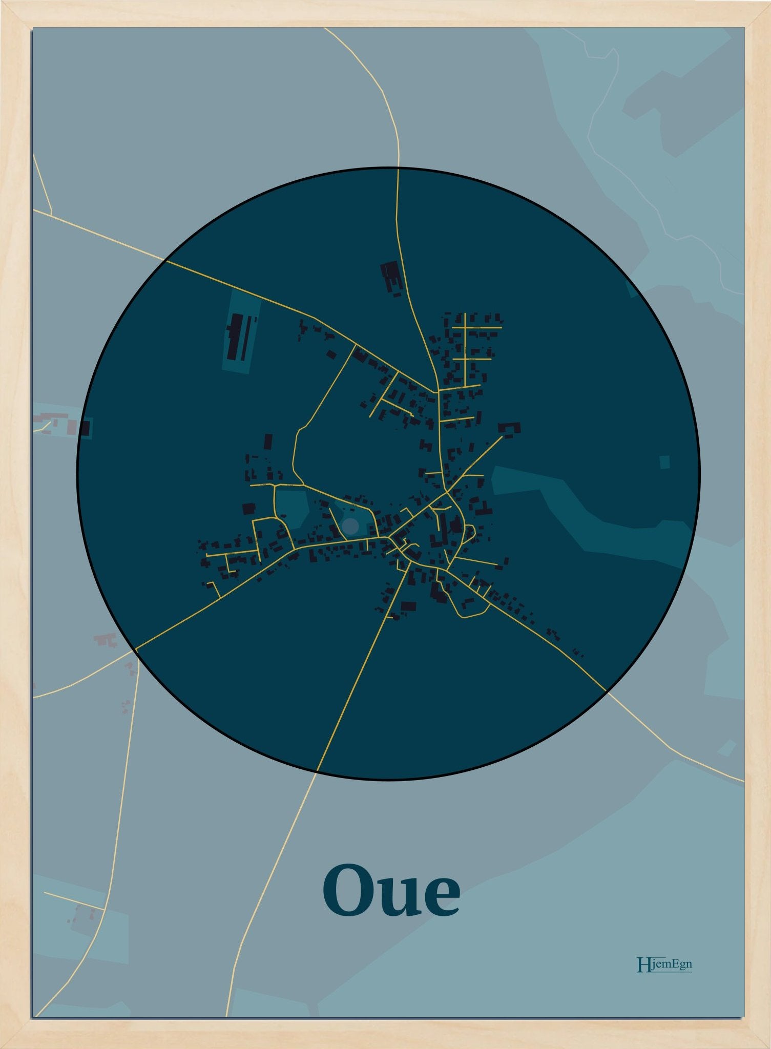 Oue plakat i farve mørk blå og HjemEgn.dk design centrum. Design bykort for Oue
