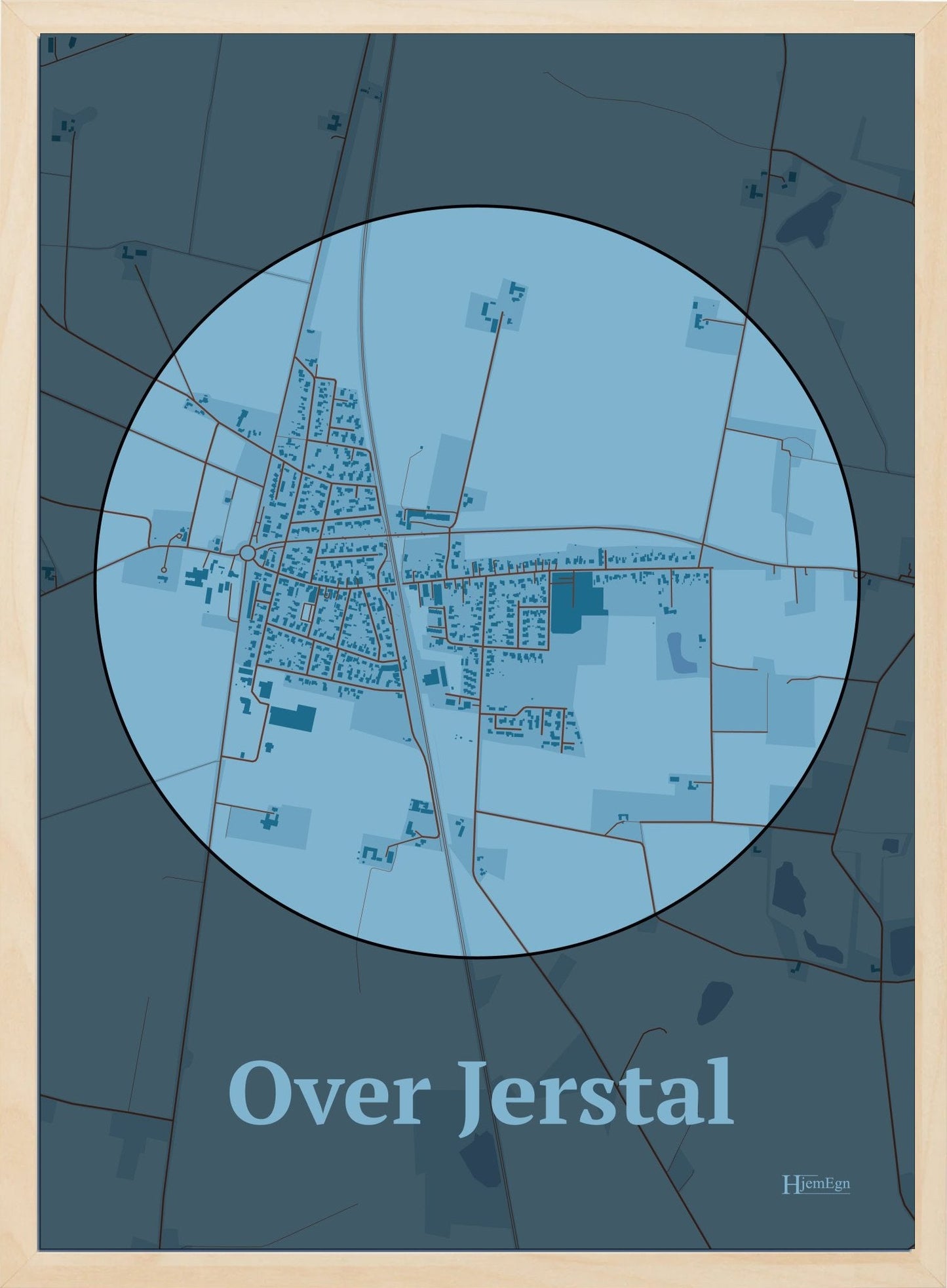 Over Jerstal plakat i farve pastel blå og HjemEgn.dk design centrum. Design bykort for Over Jerstal